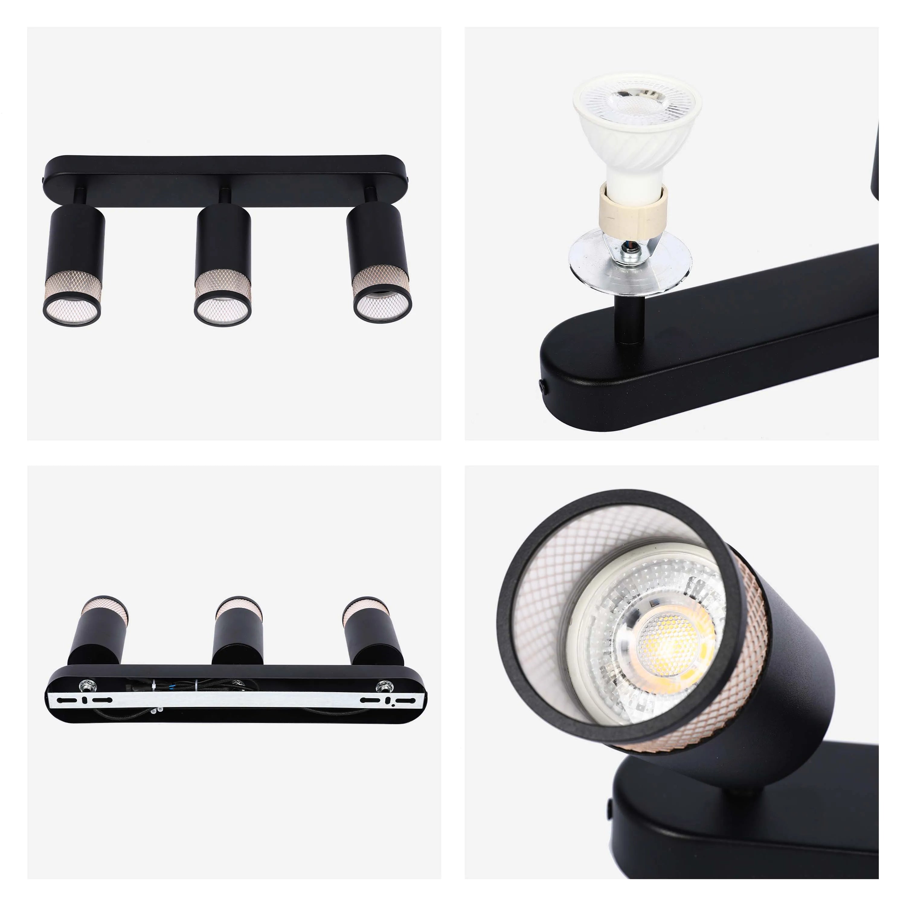 A modern, matte black spotlight bar with three adjustable lights, ideal for highlighting features in any room.