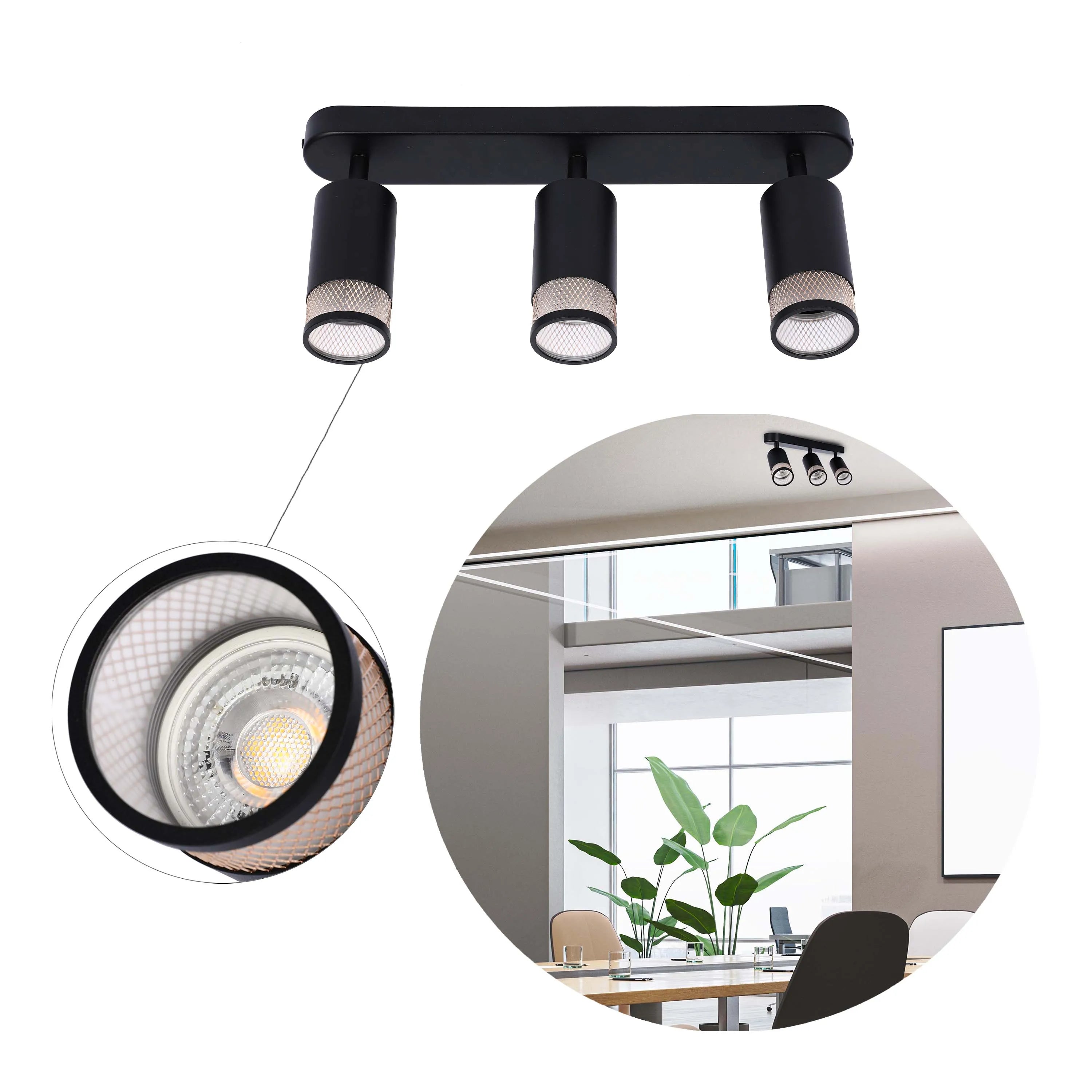 A modern, black, three-bulb ceiling spotlight fitting. The cylindrical heads have a mesh trim.