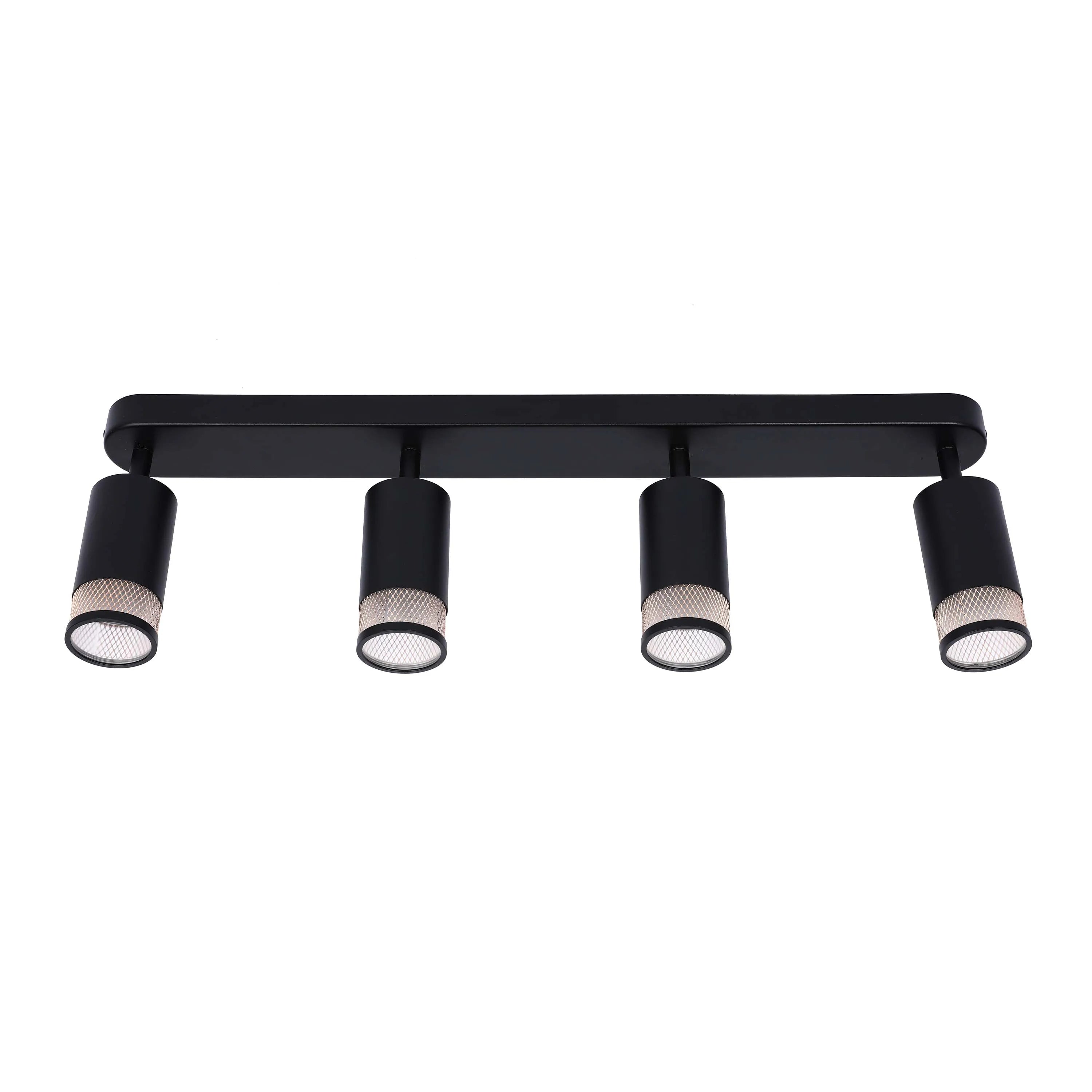 A four-light track lighting fixture in black, with cylindrical spotlights trimmed with a mesh design.