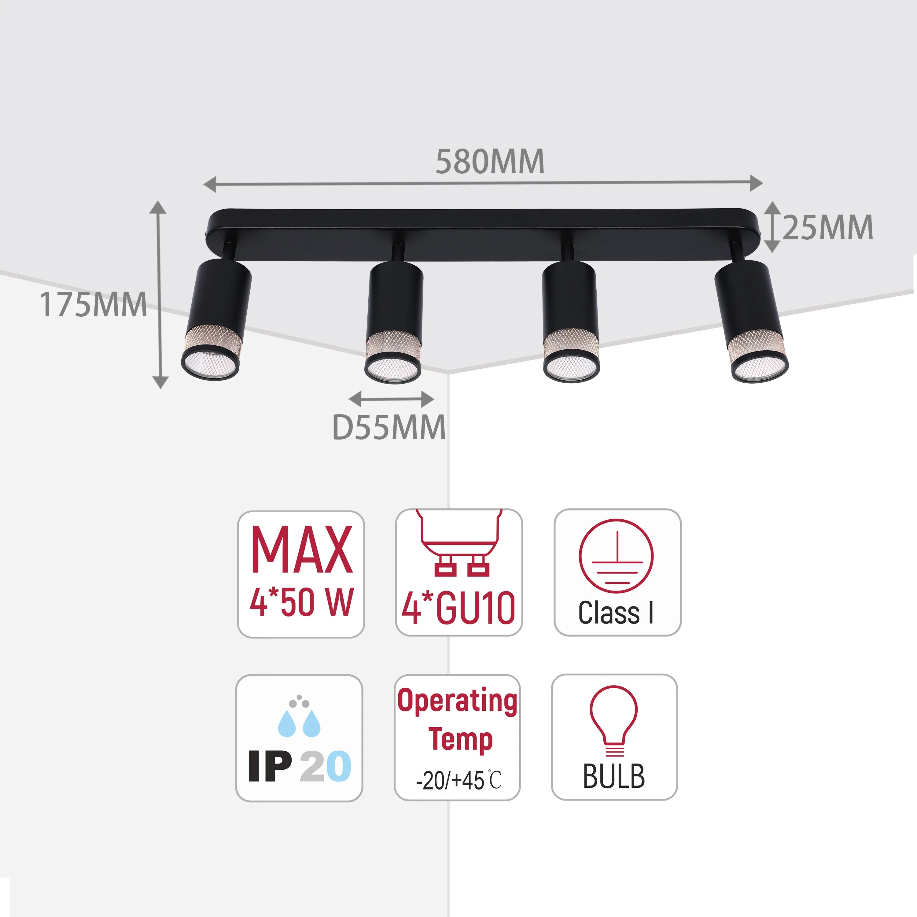 A sleek, modern spotlight bar featuring four adjustable lights. Product dimensions are displayed alongside the light fixture.