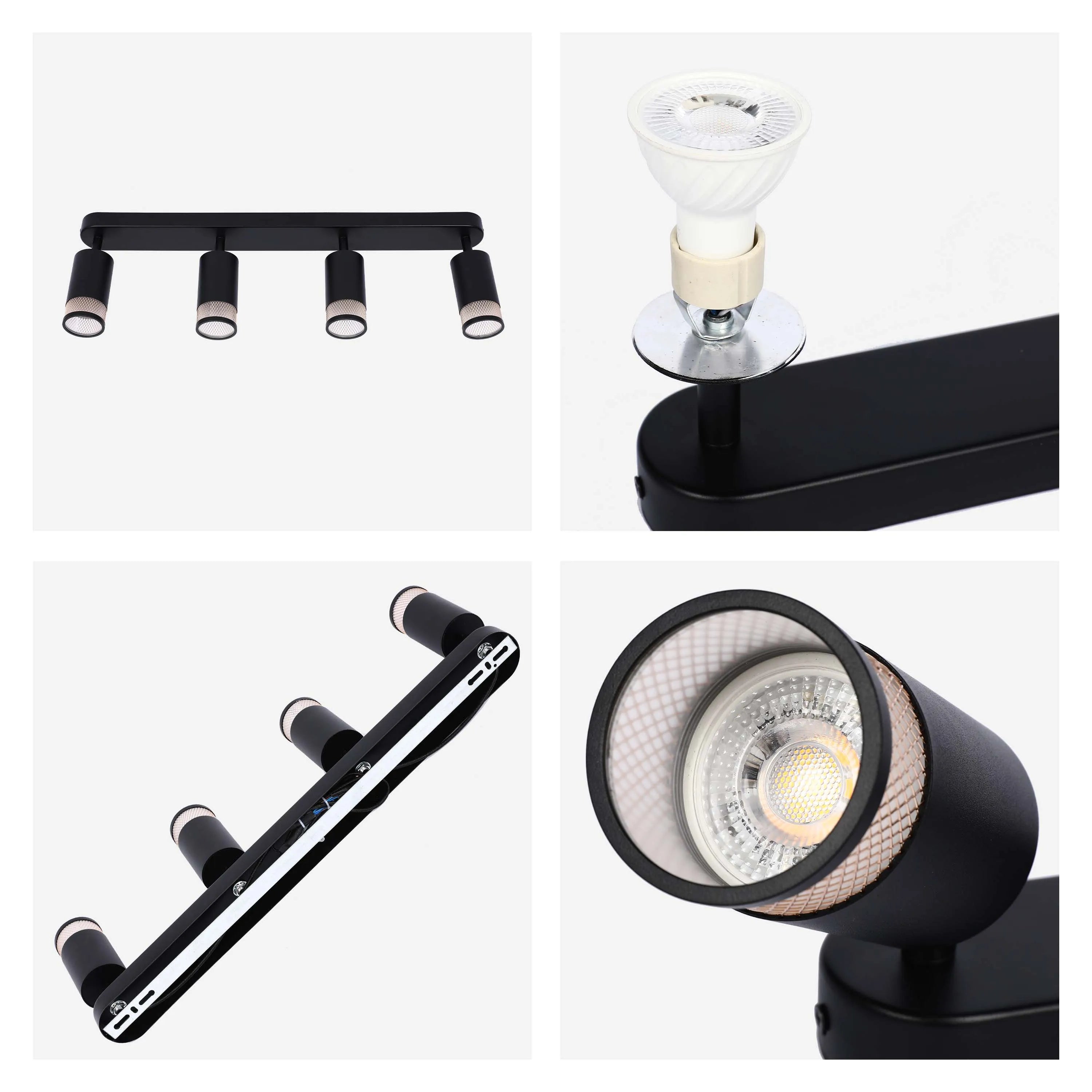 A modern, black track lighting fixture with five spotlight heads, offering adjustable illumination for any room.