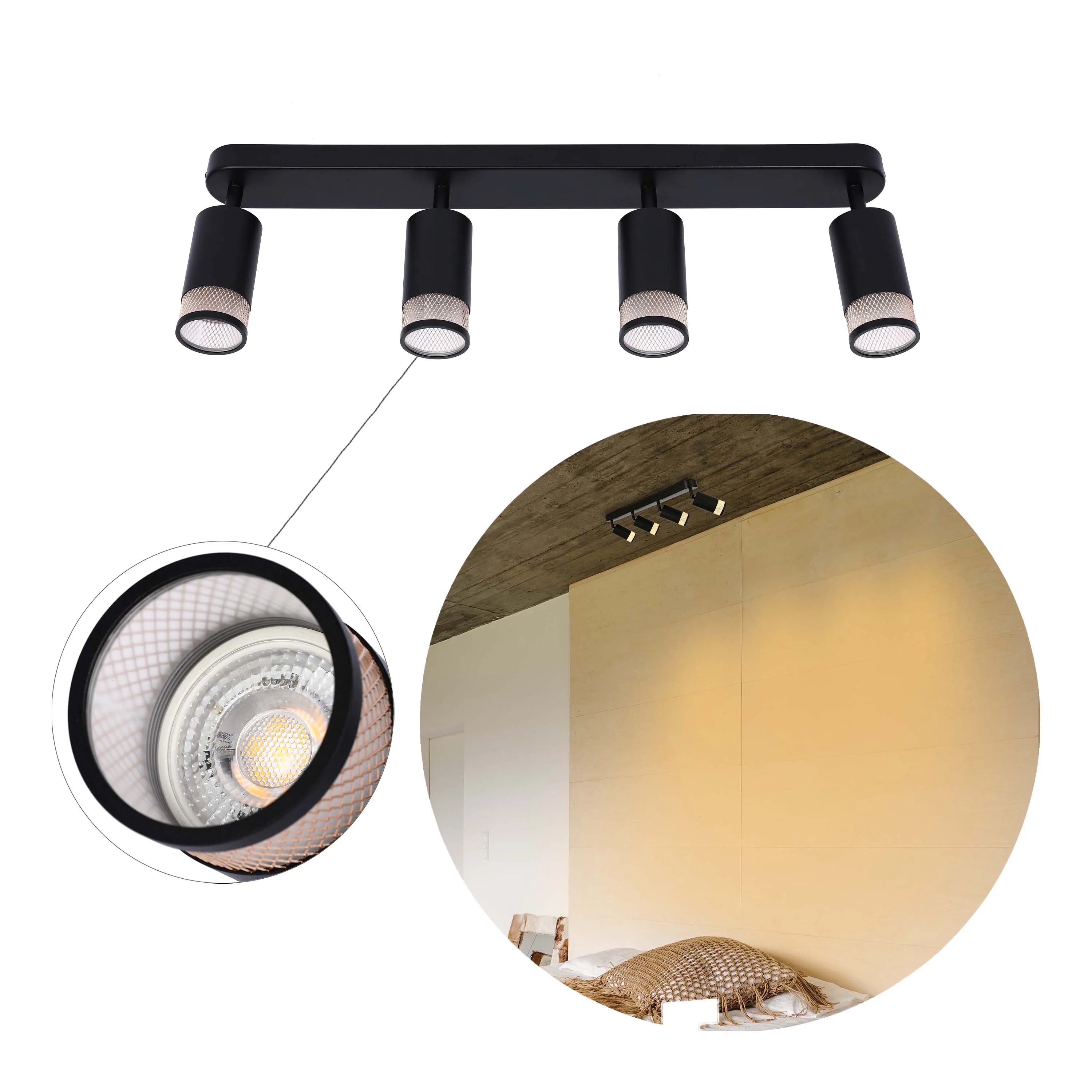 Four-bulb black track lighting fixture. Spotlight heads with diamond pattern mesh ring.
