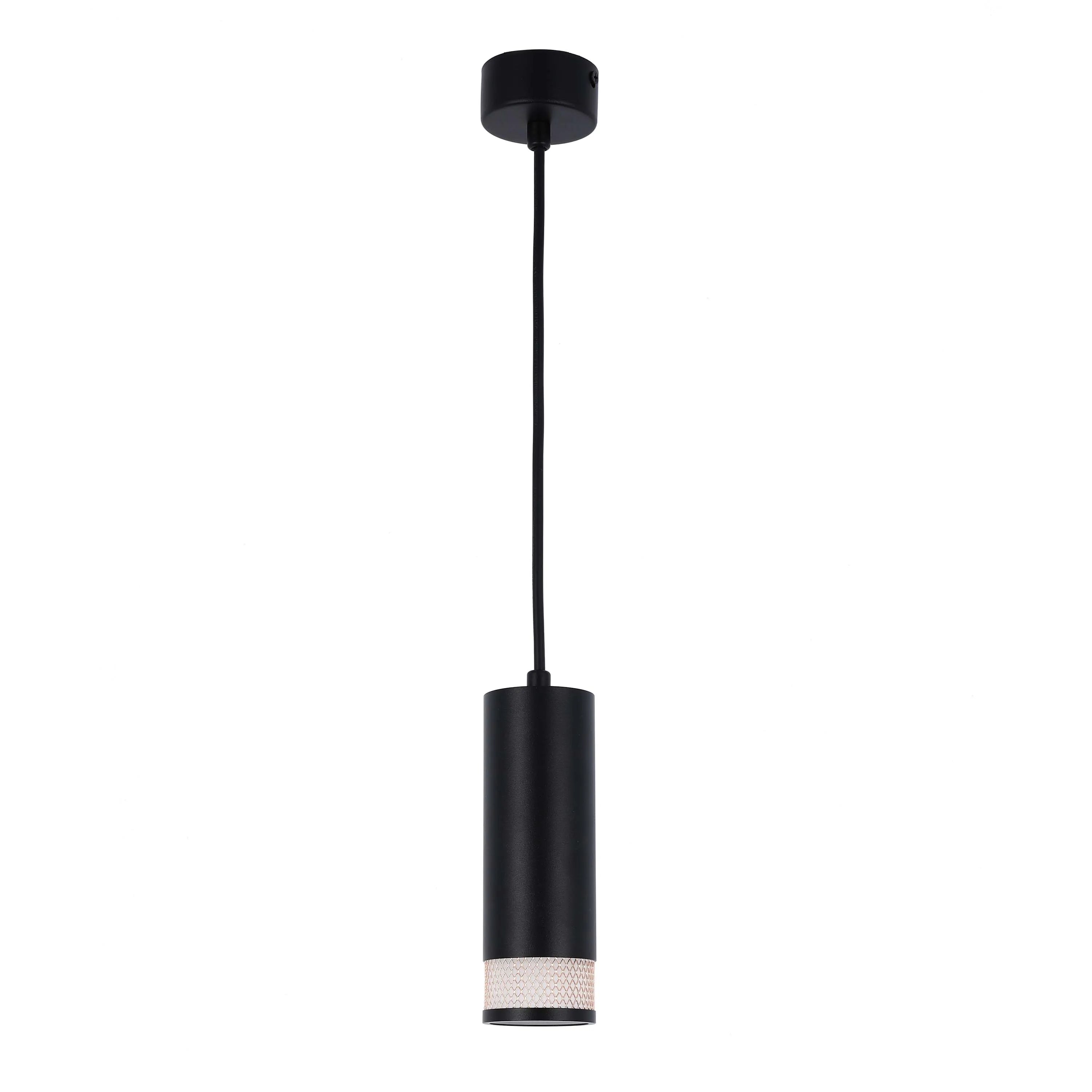 A black cylinder pendant light is suspended. Contemporary style for a modern home, and ideal for living spaces.