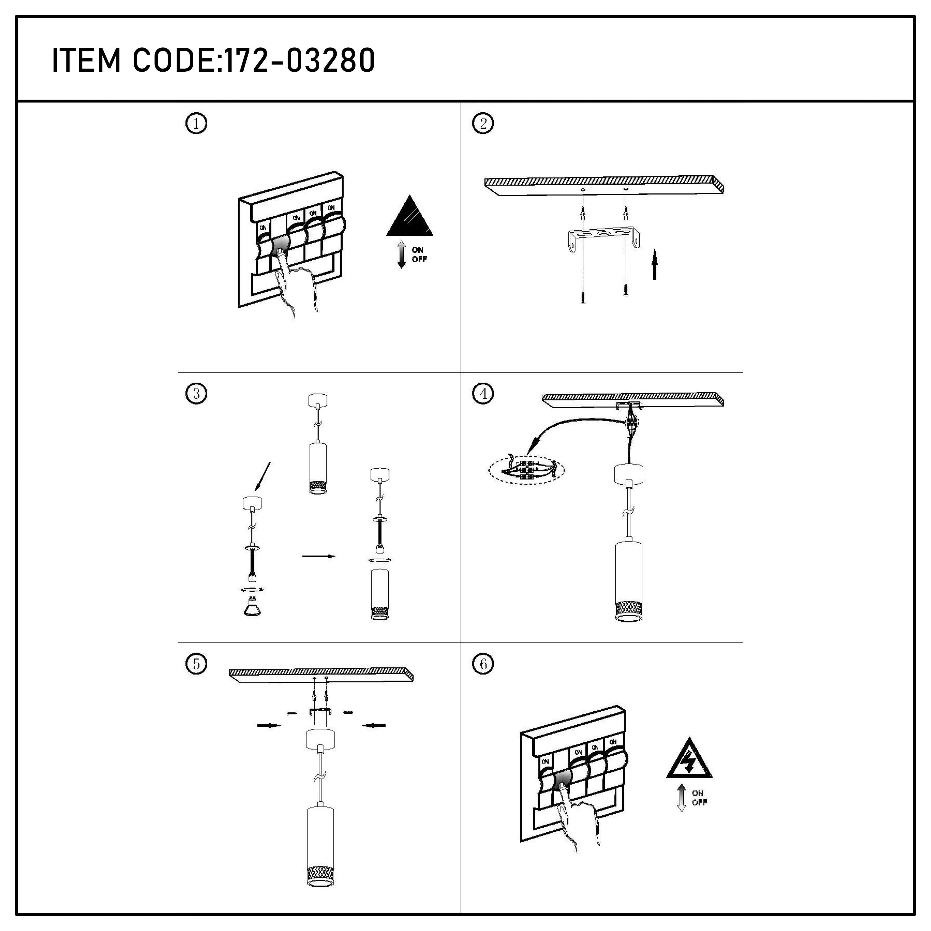 Assembly instructions for a pendant light fixture. Includes diagrams for wiring and mounting the fixture to the ceiling.