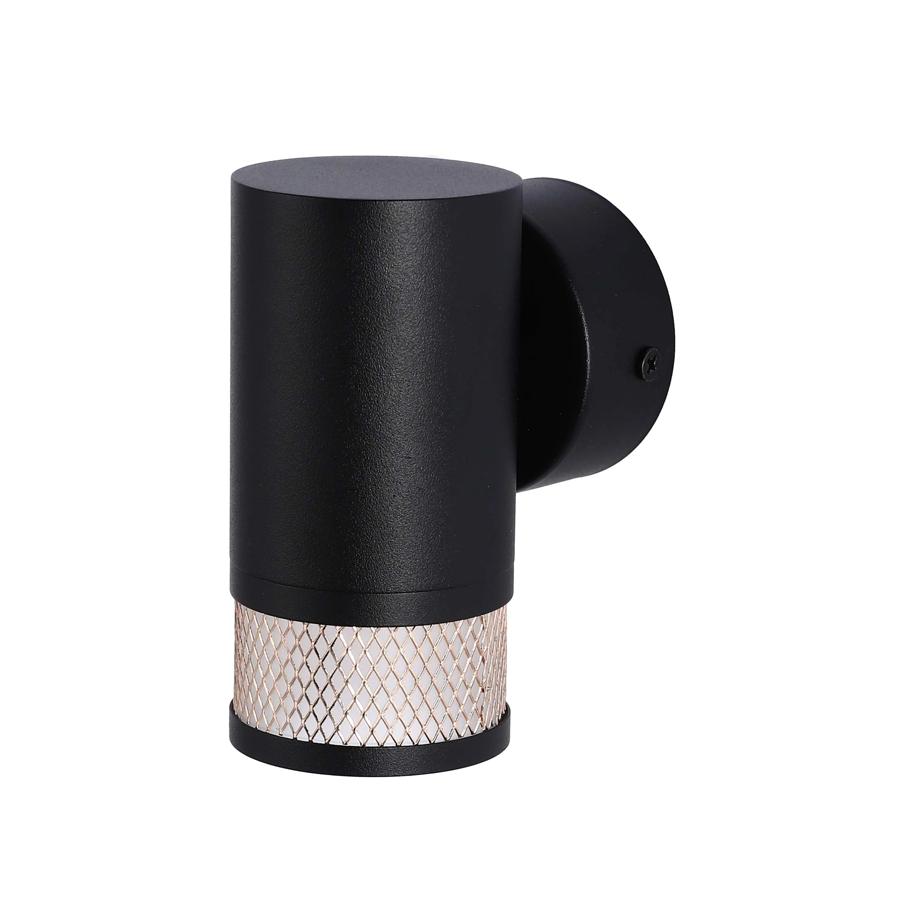 A modern black outdoor wall light with a textured mesh shade for diffused illumination.