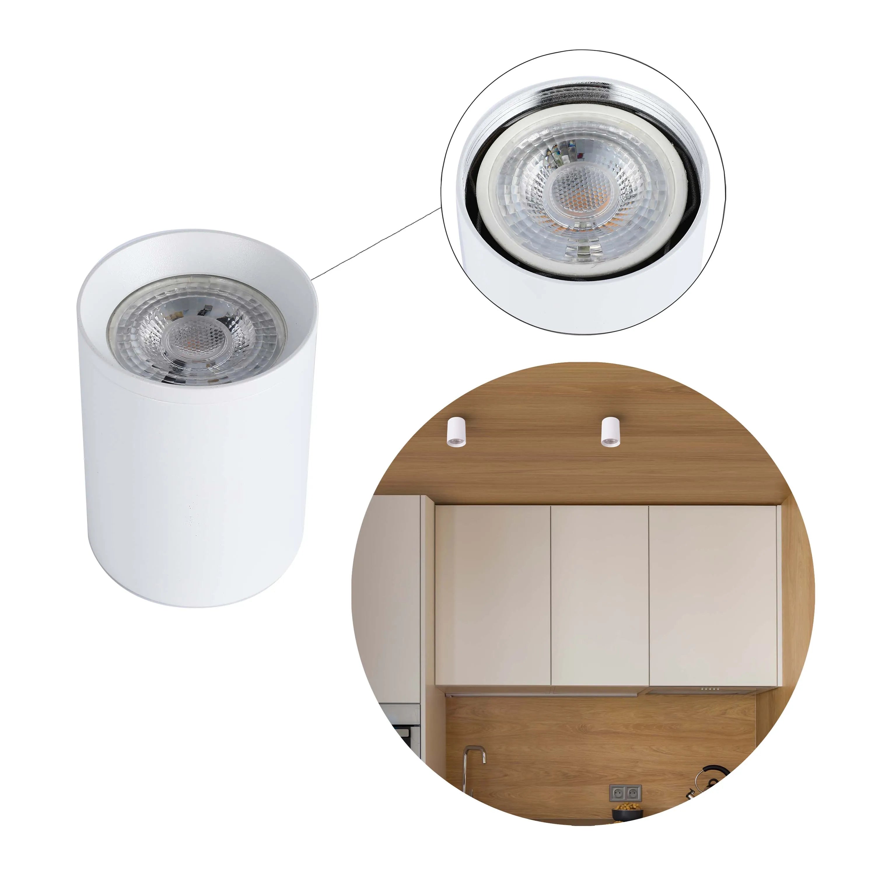 Modern white ceiling lights illuminating a stylish kitchen, offering a sleek and bright lighting solution.