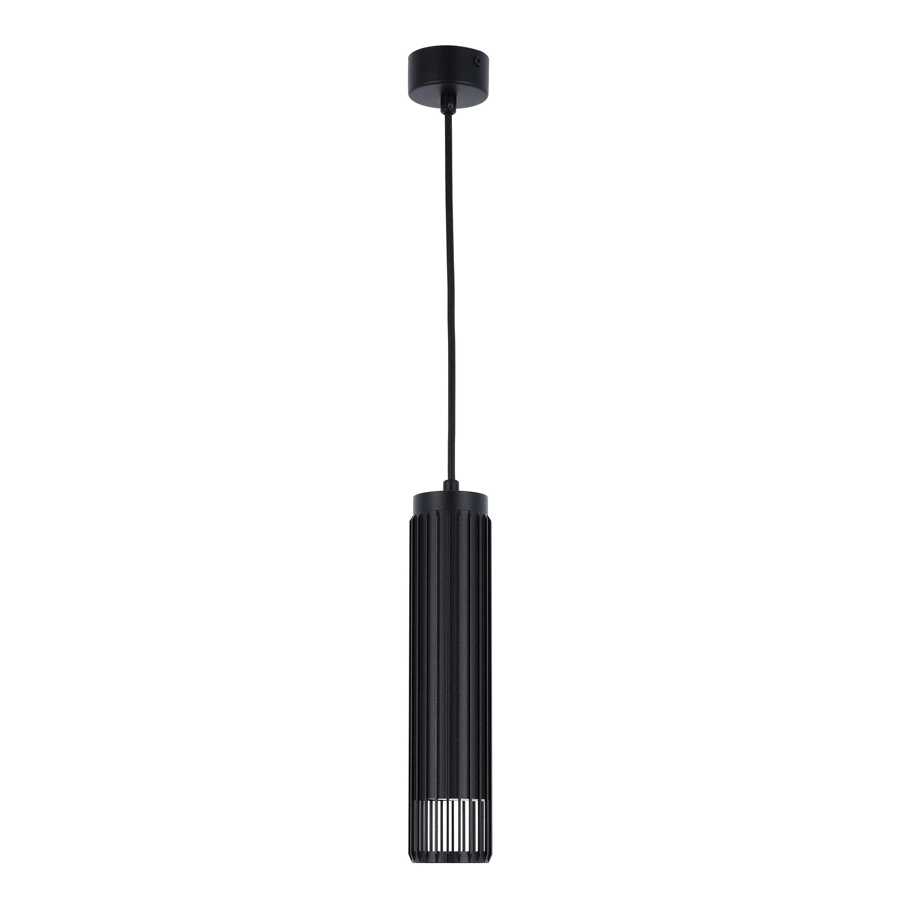 A minimalist, black pendant light. Its cylindrical shade has vertical bars, creating a modern, industrial vibe.