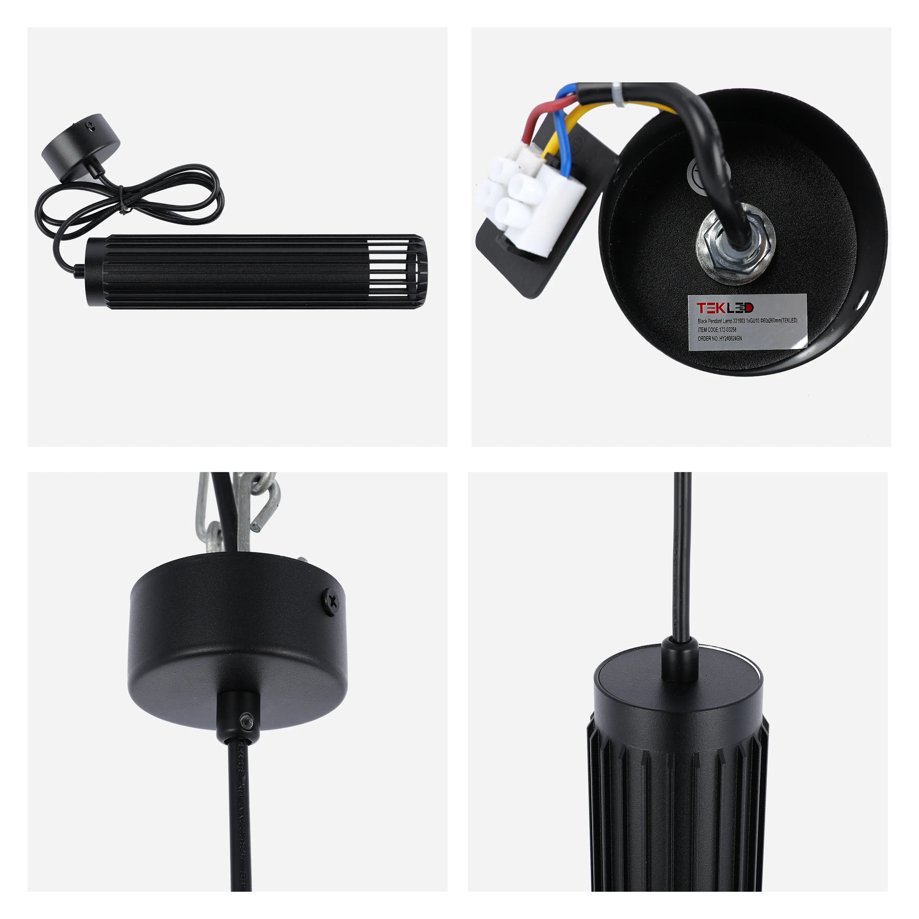 A black pendant light fitting, showcasing the ceiling mount, connector, and the ridged light fixture.