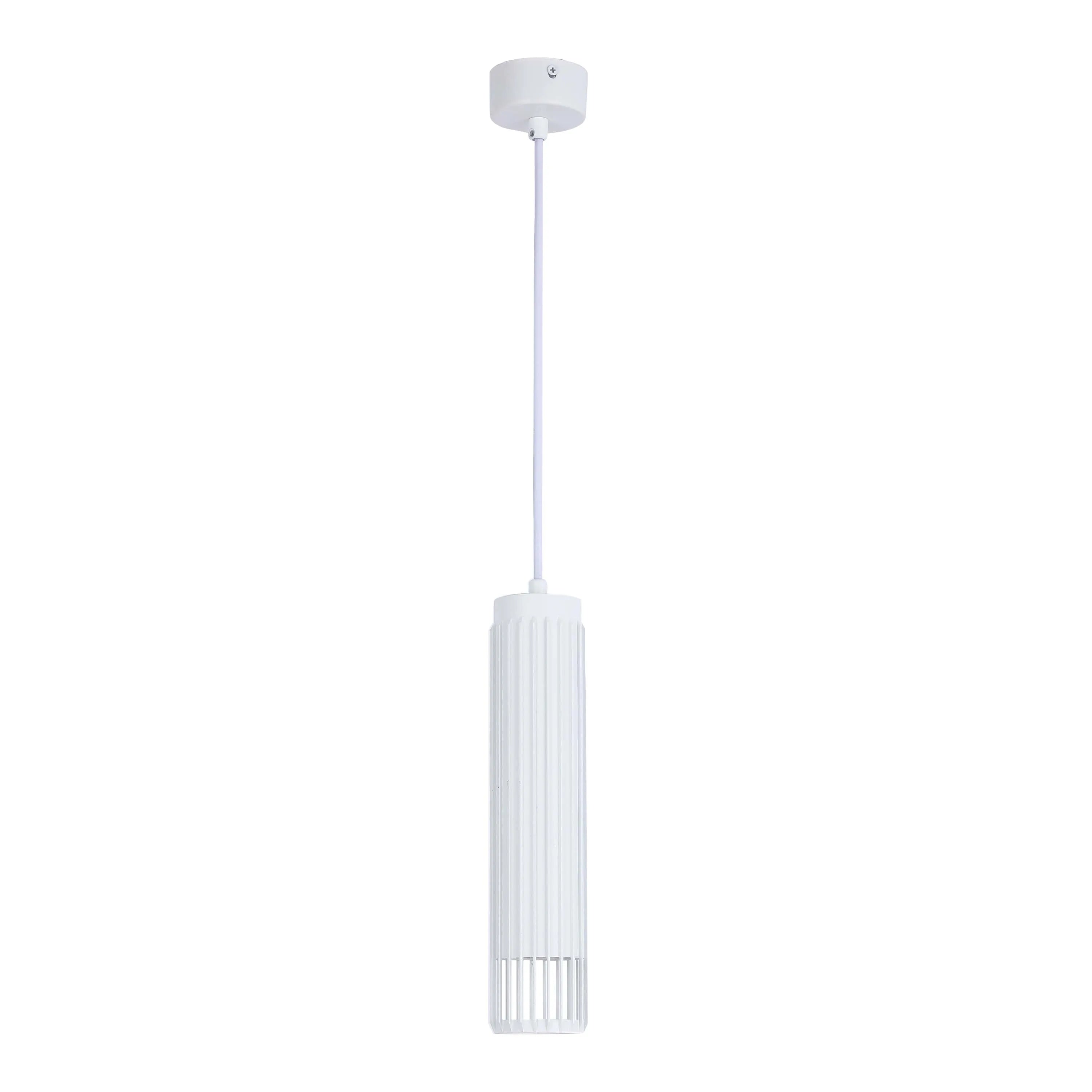 A sleek, white, cylindrical pendant light with ribbed detailing. Ideal for adding modern minimalist style to any room.