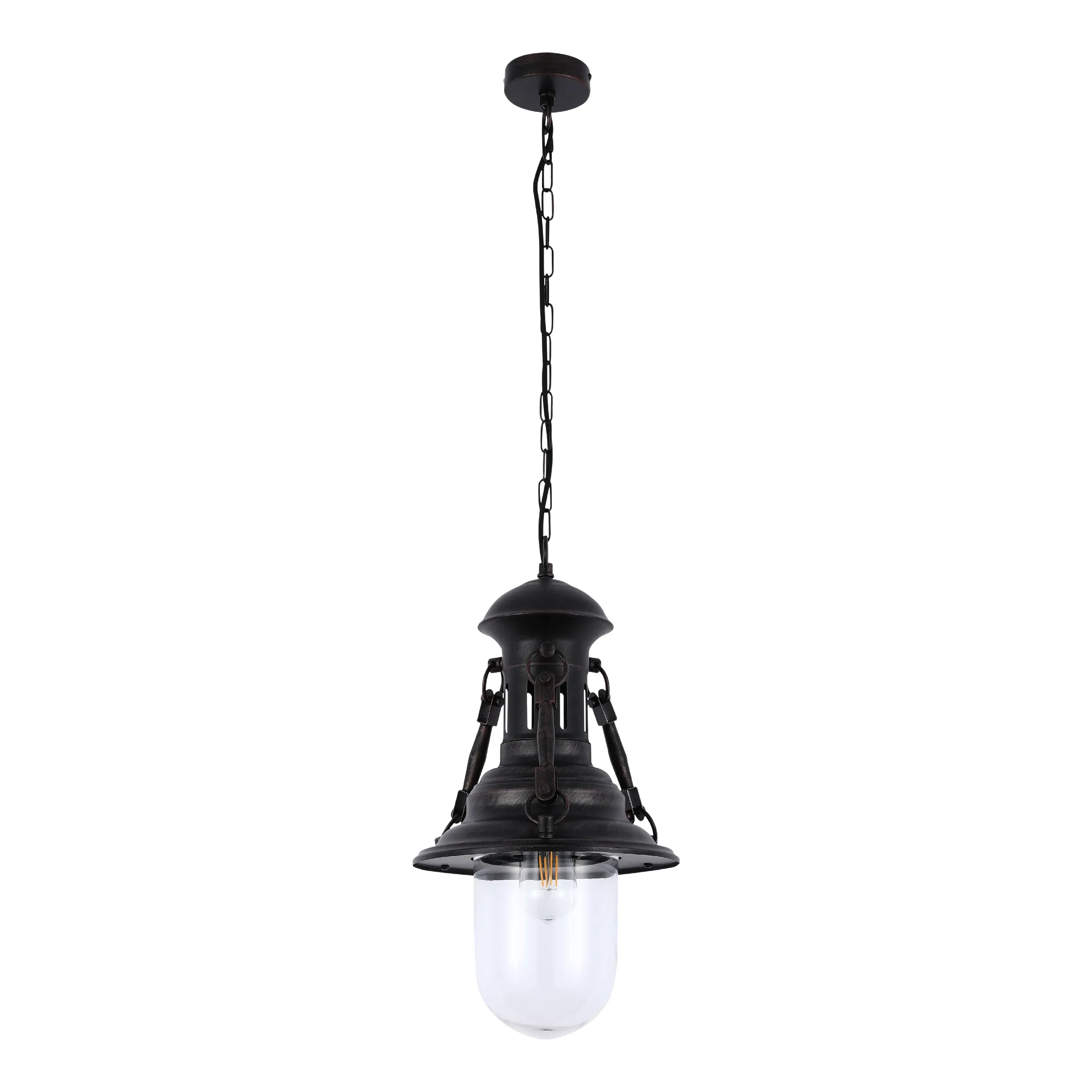 Hanging pendant light fixture with industrial design and a clear glass shade, suspended by a chain.