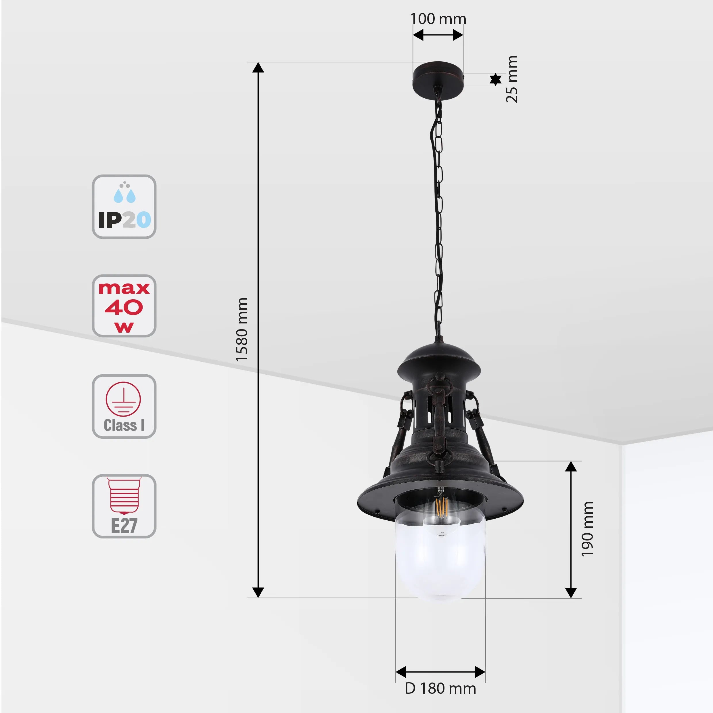 Industrial-style hanging pendant light with metal frame and clear glass shade. Dimensions are shown on diagram.