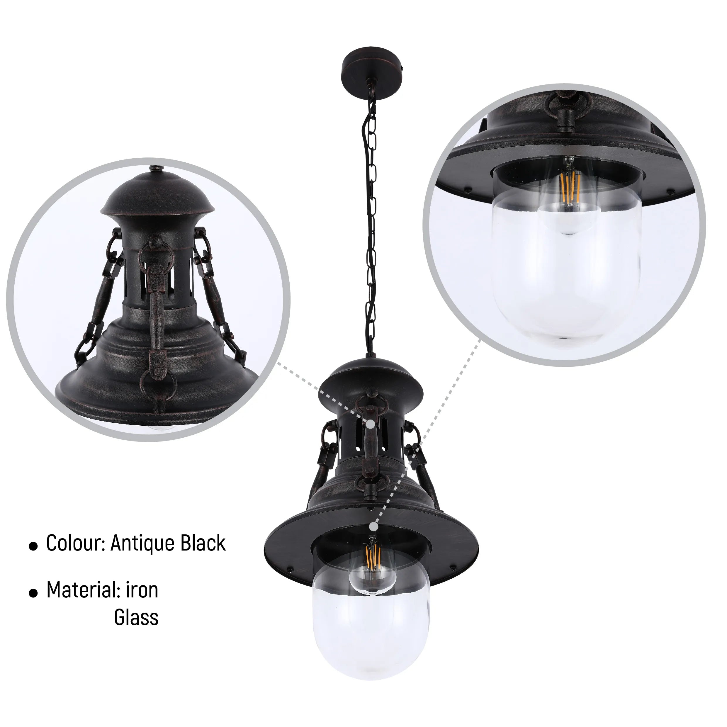 Antique black pendant light with glass shade and chain, offering a rustic, industrial-style lighting solution.