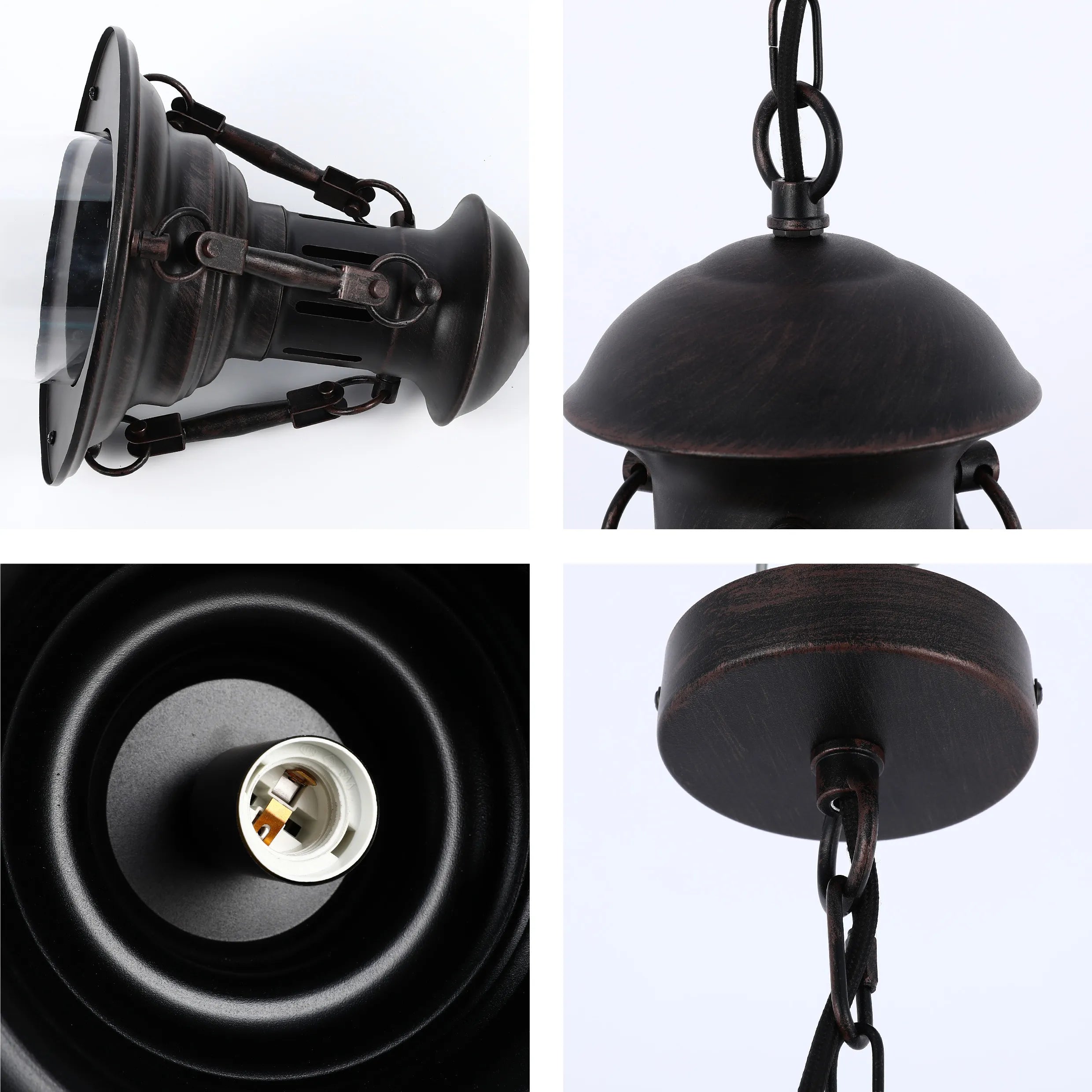 A rustic lantern style pendant light with chain, featuring an aged bronze finish and visible bulb fitting.