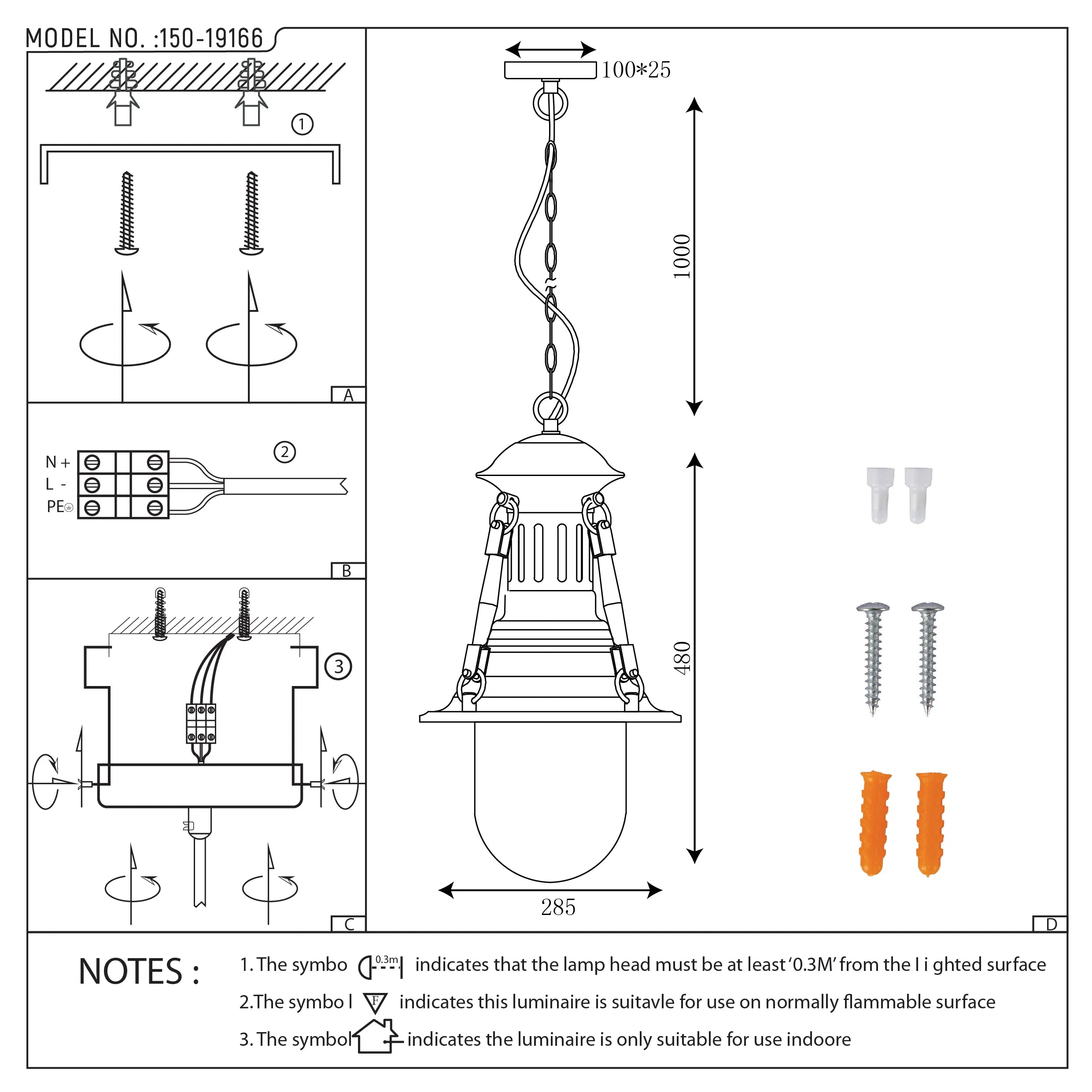 A technical drawing shows the dimensions and fixing instructions for a pendant light with a chain suspension.