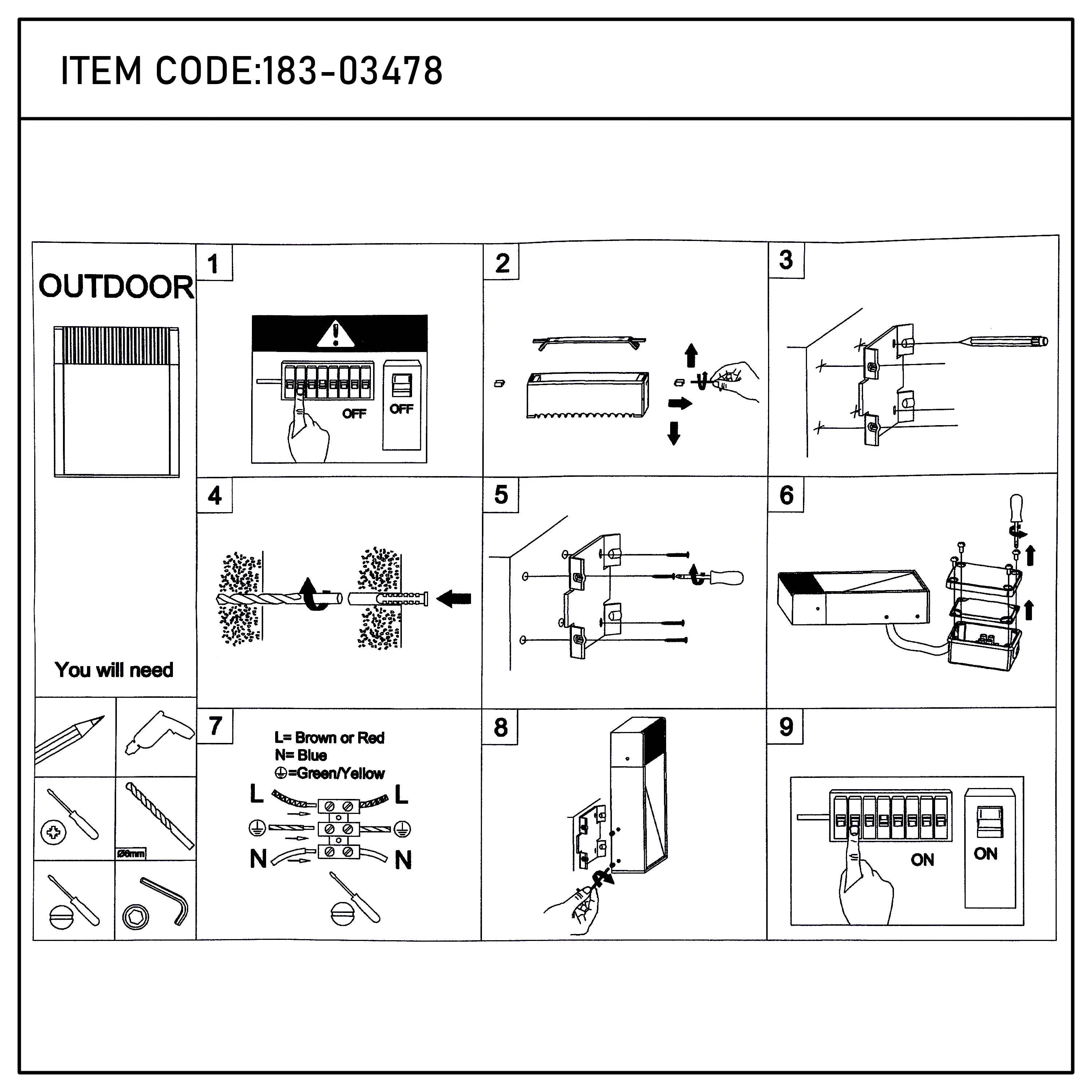 Installation guide for outdoor light fixture. Includes steps from turning off the circuit to wiring.