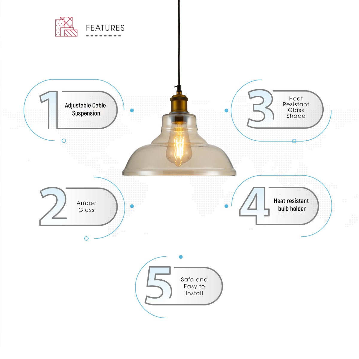 Pendant light with amber glass shade, adjustable cable, and heat-resistant bulb holder, showcasing key features.