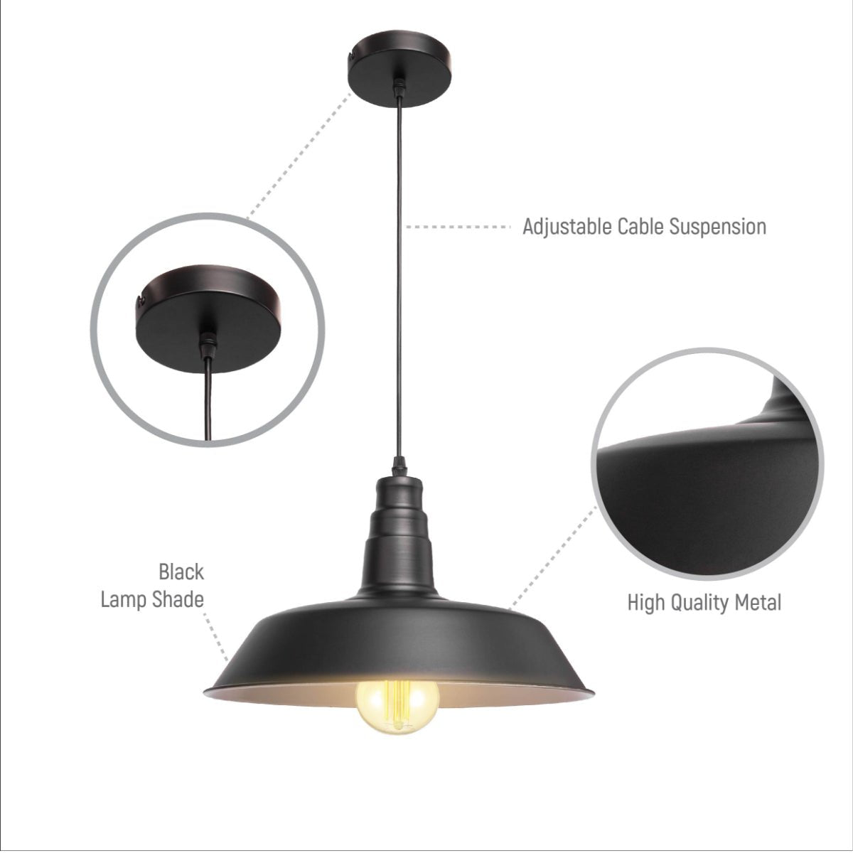 Black pendant light with adjustable cable suspension and high-quality metal lamp shade.