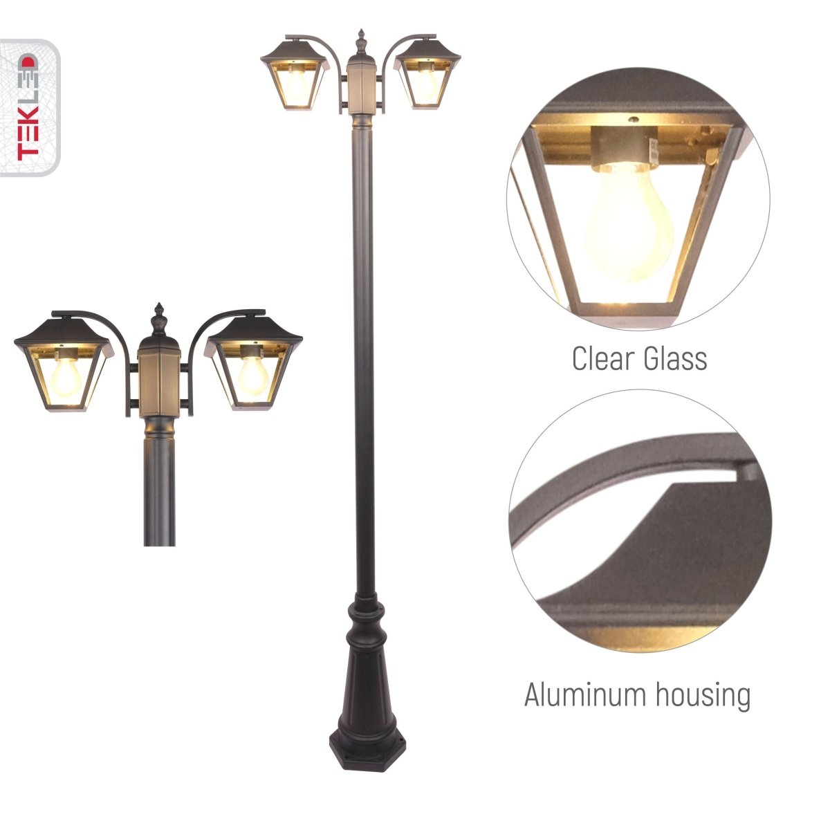 Design closeup image of Post Top Lamp Matt Black Clear Glass 2XE27 2.3M