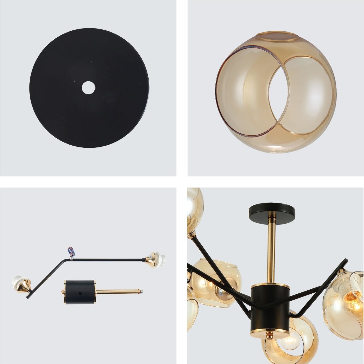Details of Amber Cut-out Globe Glass Black Gold Metal Sputnik Semi Flush Ceiling Light | TEKLED 159-17196
