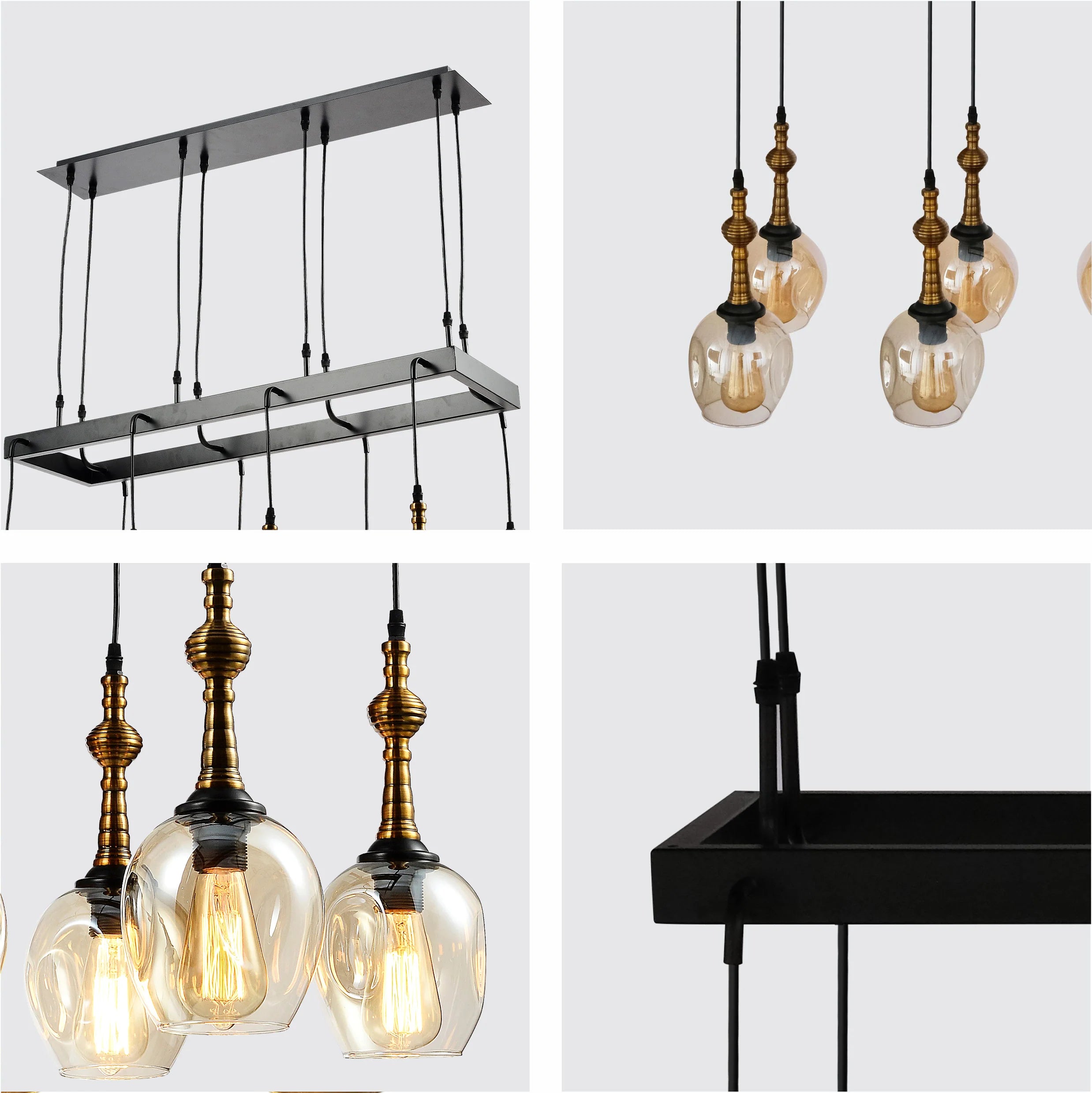 Detailed shots of Amber Cone Glass Black Metal Island Chandelier with 8xE27 Fitting | TEKLED 158-19582