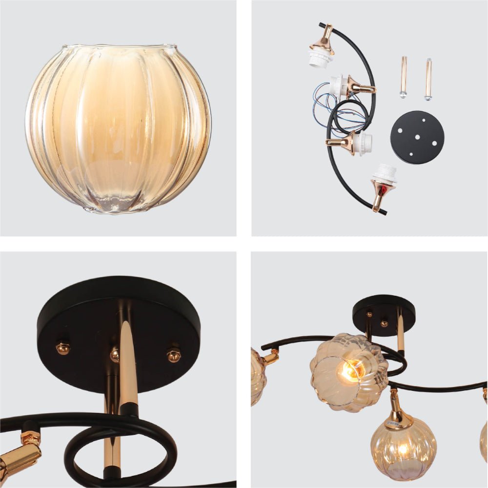 Detailed shots of Amber Reeded Globe Glass Black Gold Metal Body Vintage Retro Semi Flush Ceiling Light with E27 Fittings | TEKLED 159-17732