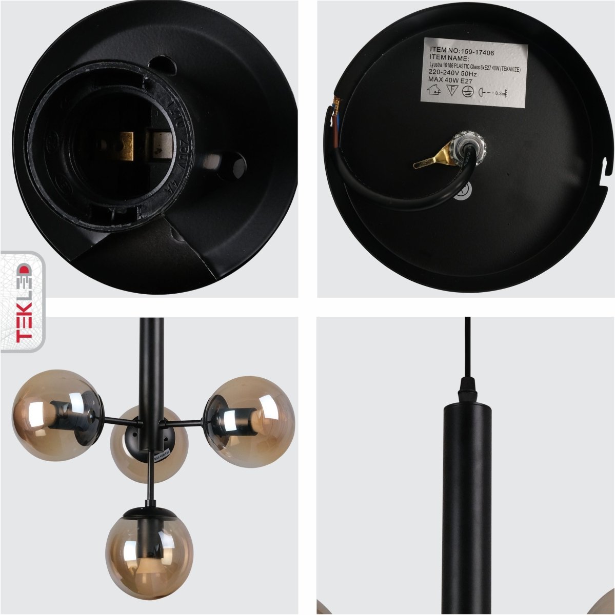 Detailed shots of Atom Model Amber Globe Glass Black Metal Body Chandelier with 4xE27 Fittings | TEKLED 159-17406