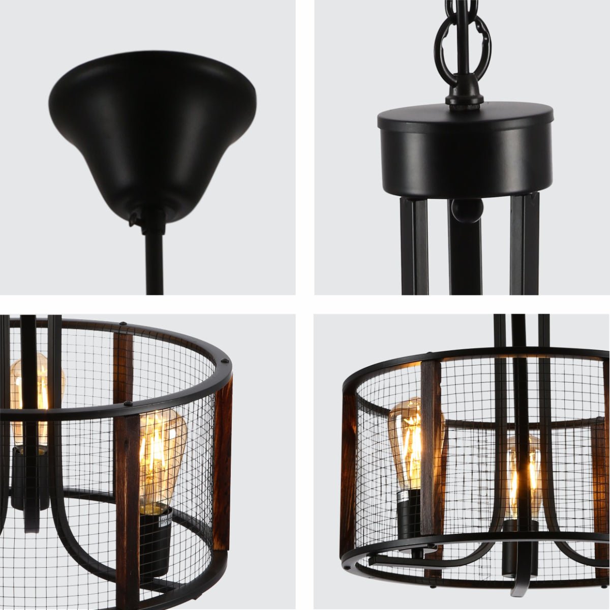 Detailed shots of Black Metal Natural Wood Cylinder Cage Pendant Ceiling Light with 3xE27 | TEKLED 156-19530