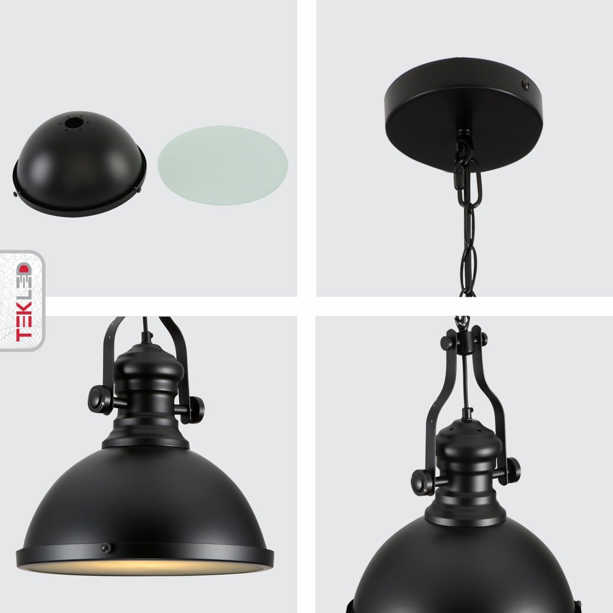 Detailed shots of Black Nautical Industrial Caged Dome Shade Glass Metal Ceiling Pendant Light with E27 Fitting | TEKLED 150-18372