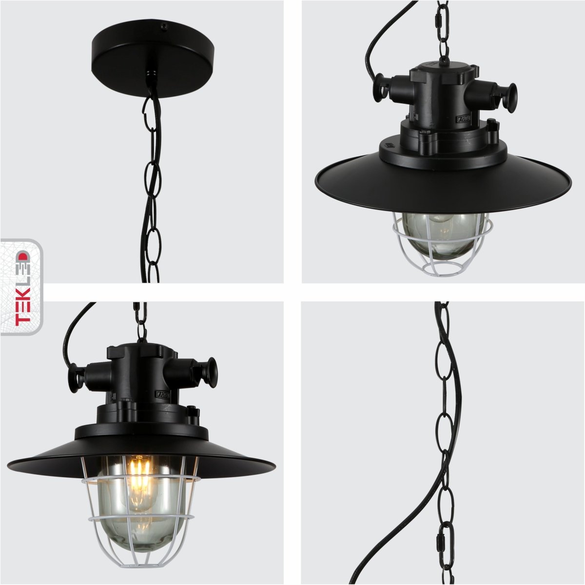 Detailed shots of Black Nautical Industrial Caged Flat Shade Glass Metal Ceiling Pendant Light with E27 Fitting | TEKLED 150-18366