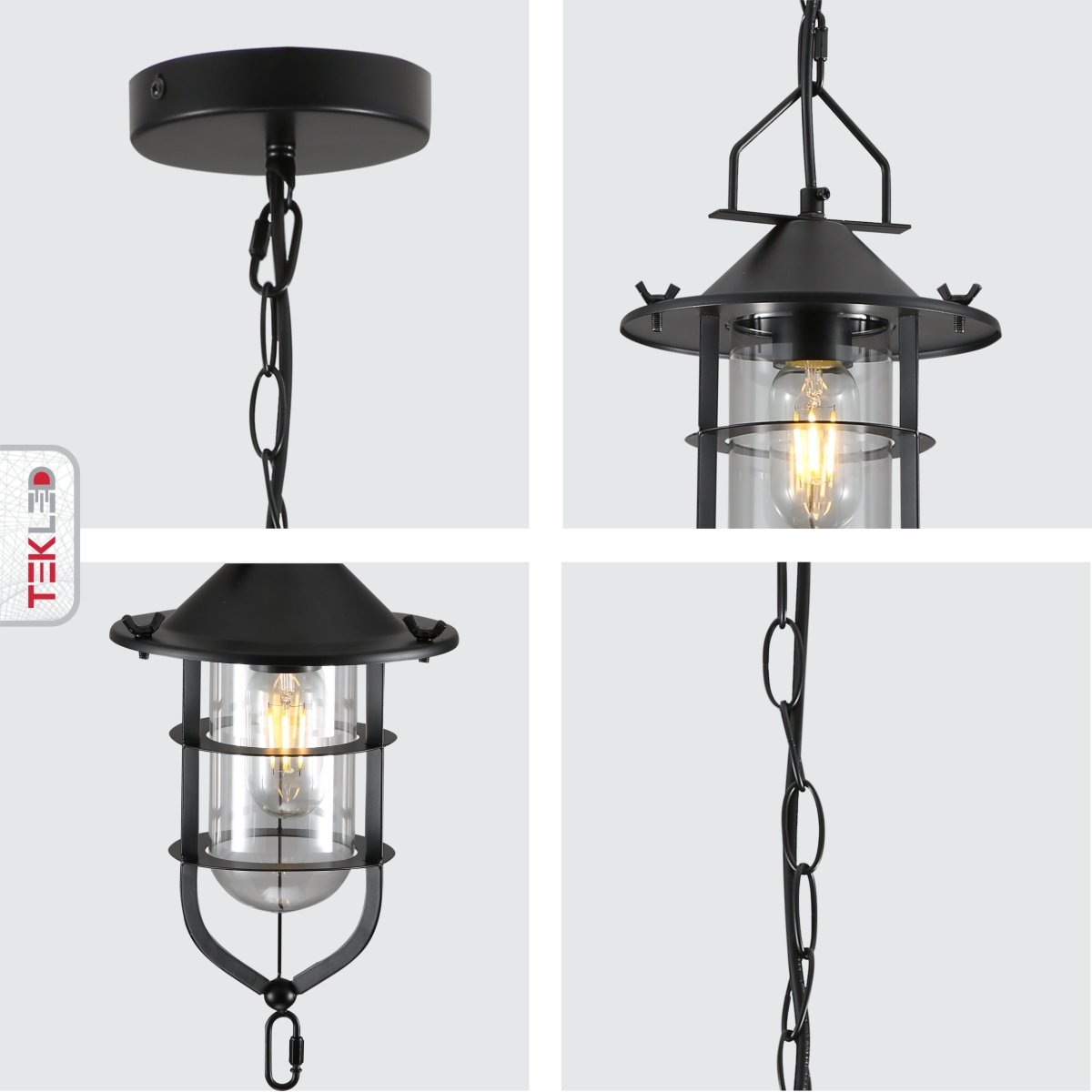 Detailed shots of Black Nautical Industrial Caged Flat Shade Small Glass Metal Ceiling Pendant Light with E27 Fitting | TEKLED 150-18370
