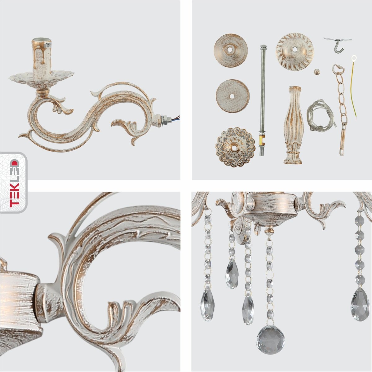 Detailed shots of Candle Waterfall Traditional Retro Vintage 3 Arm Chandelier Ceiling Light Crystal Gold Aged Cream 3xE14 | TEKLED 159-17822