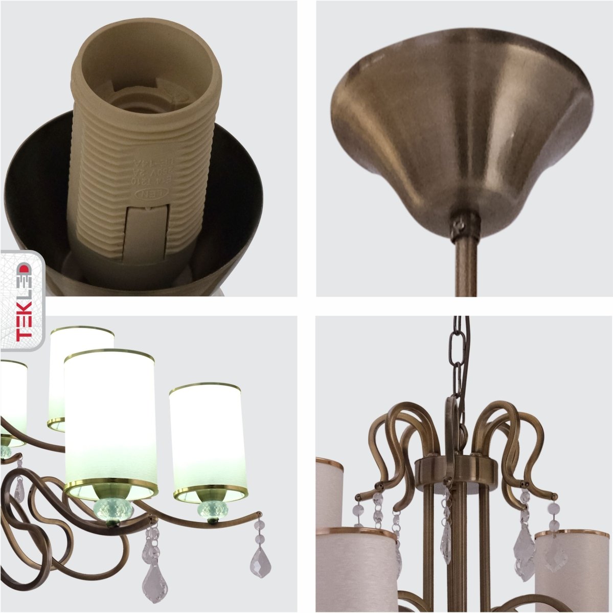 Detailed shots of Cream Shade Antique Brass Metal 12 Arm Chandelier with Pendeloque Crystals 12xE14 | TEKLED 158-17830