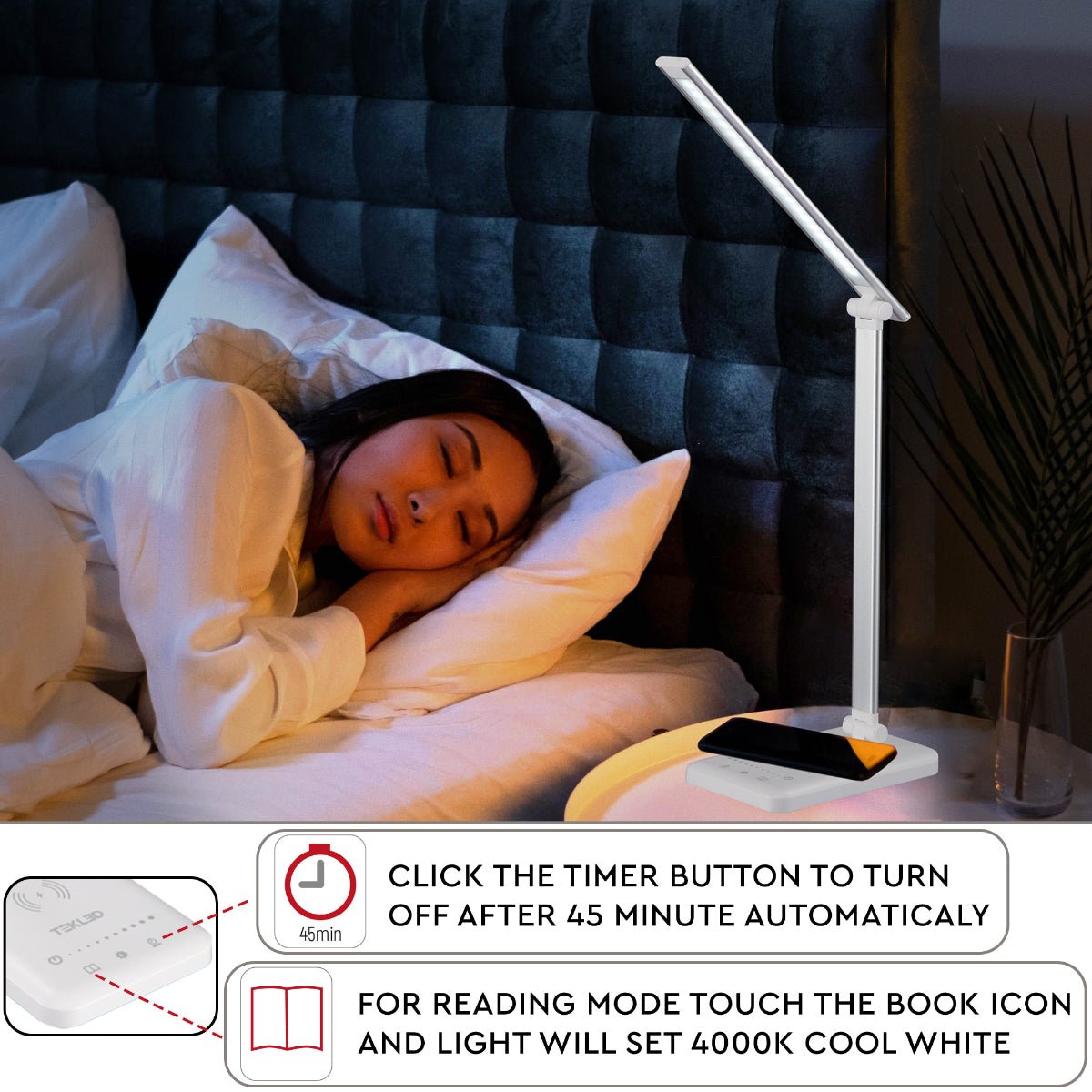 Detailed shots of Dingo Silver Desk Light Dimmable and Colour Modes with Wireless Phone Charger | TEKLED 130-03612