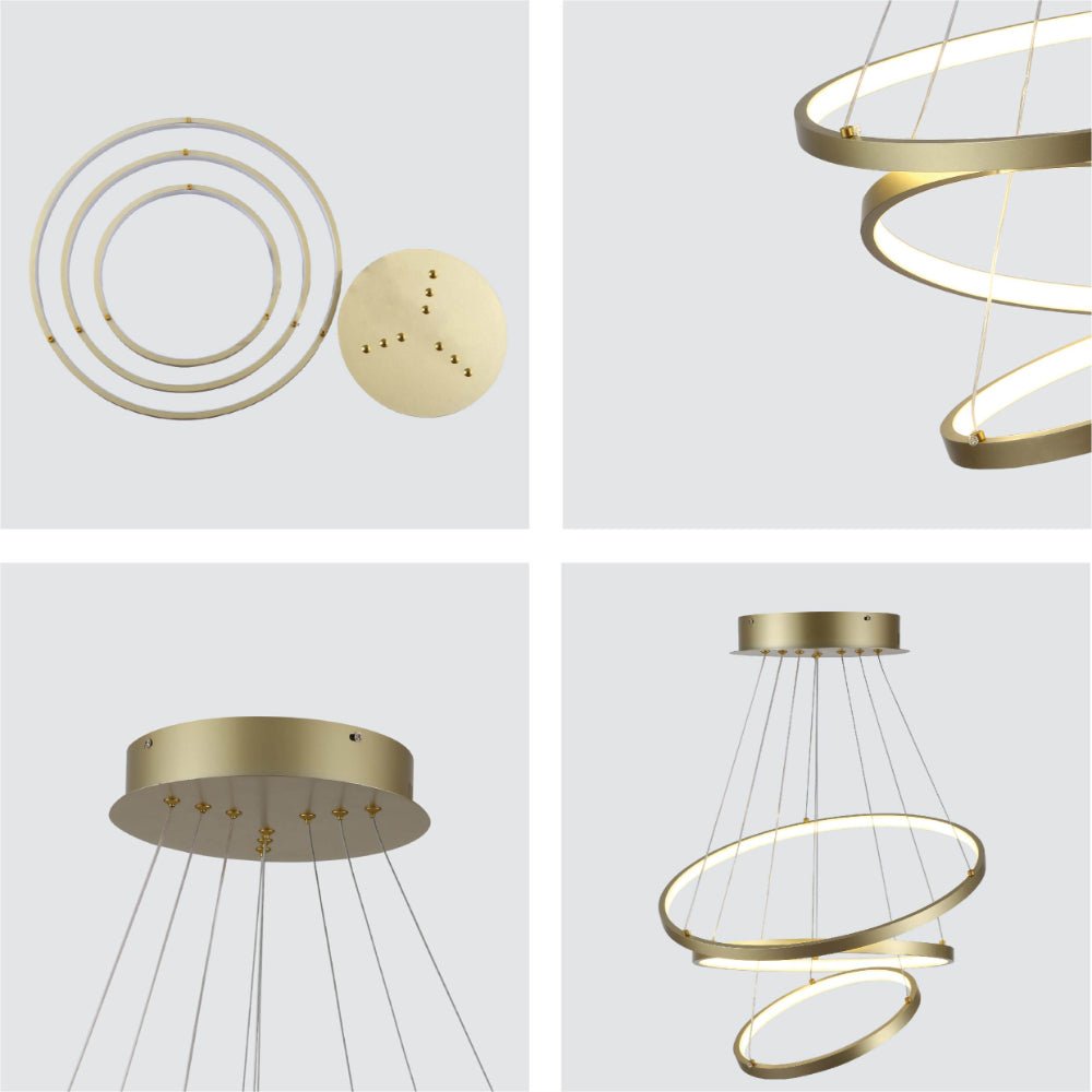 Detailed shots of LED Triple Circle Gold Finishing 90W 4000K Natural Cool White Modern Contemporary Nordic Scandinavian Pendant Ceiling Light D500 | TEKLED 158-19826