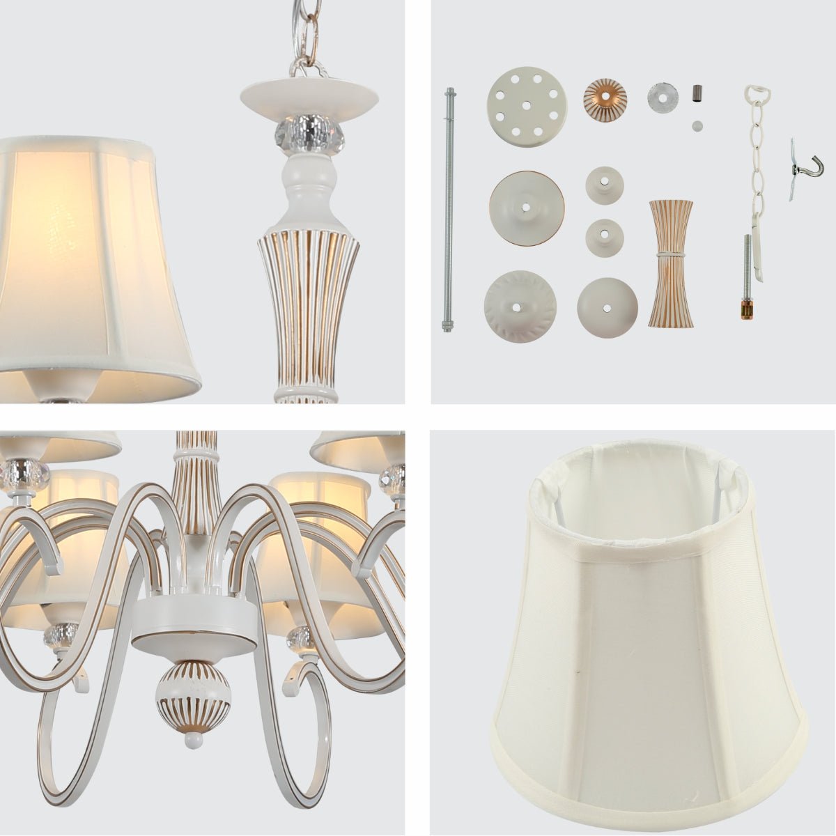 Detailed shots of Off White Fabric Shaded Gold Aged Ivory Traditional Retro Vintage Classic Chandelier Ceiling Light with 8xE14 Fitting | TEKLED 159-17838