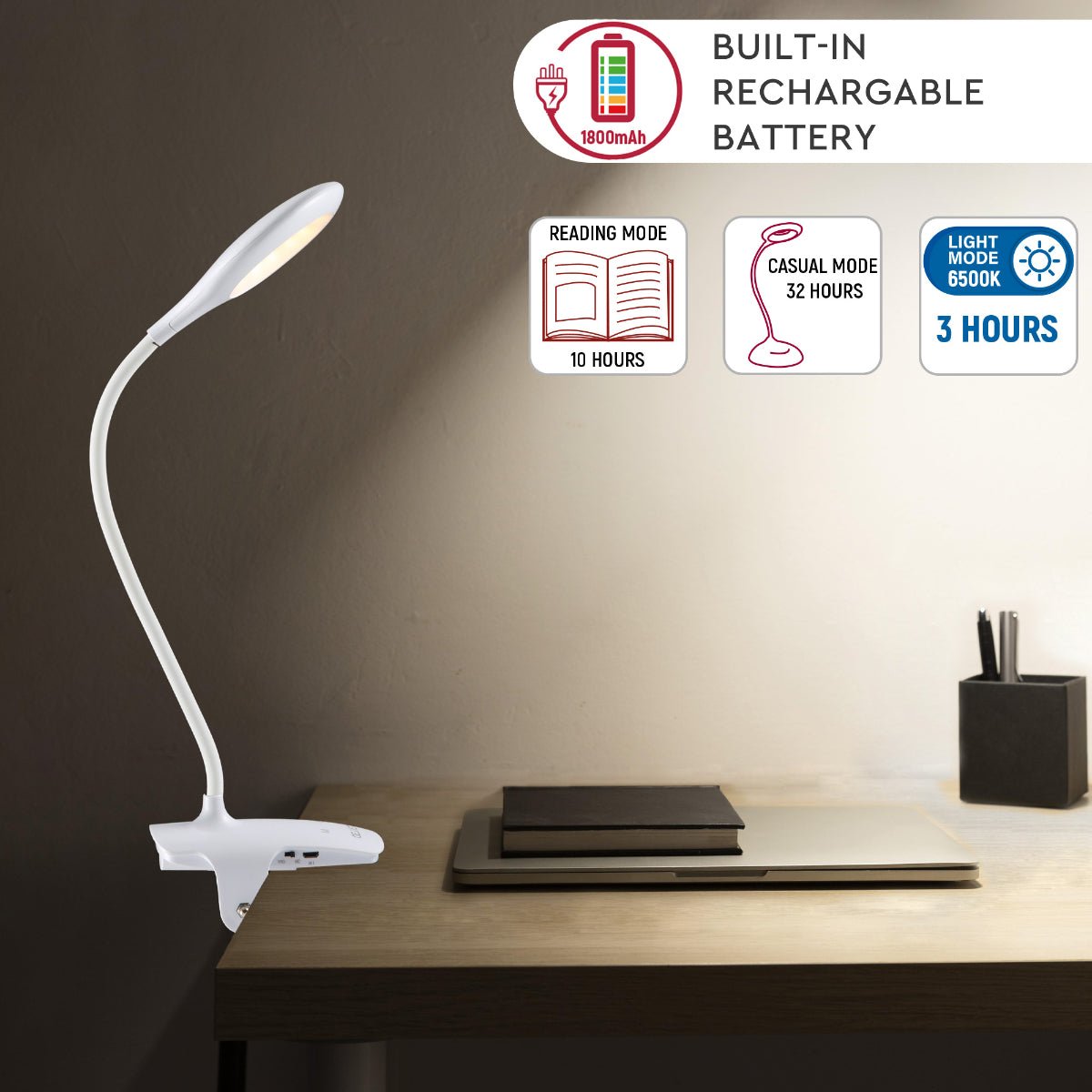 Detailed shots of Ringo White Rechargable Clip on Reading Desk Light Dimmable and Colour Modes | TEKLED 130-03620
