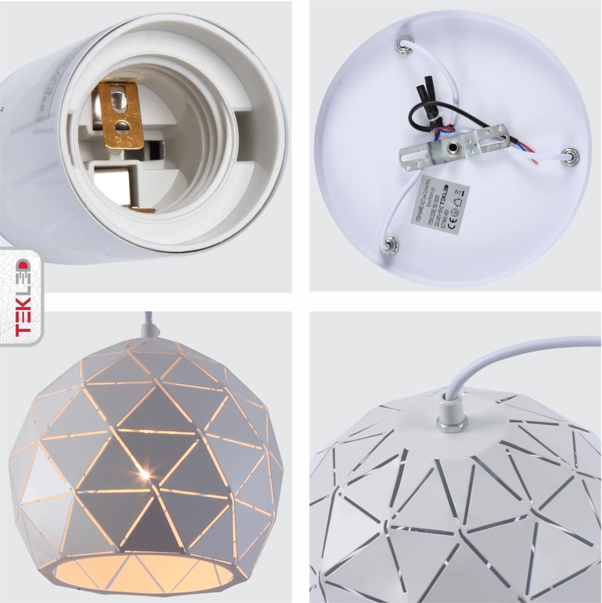 Detailed shots of White Metal Laser Cut Globe Pendant Light with 3xE27 Fitting | TEKLED 150-18258