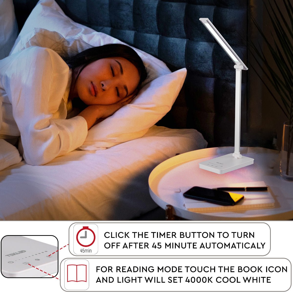 Detailed shots of Zingo Silver Desk Light Dimmable and Colour Modes | TEKLED 130-03616