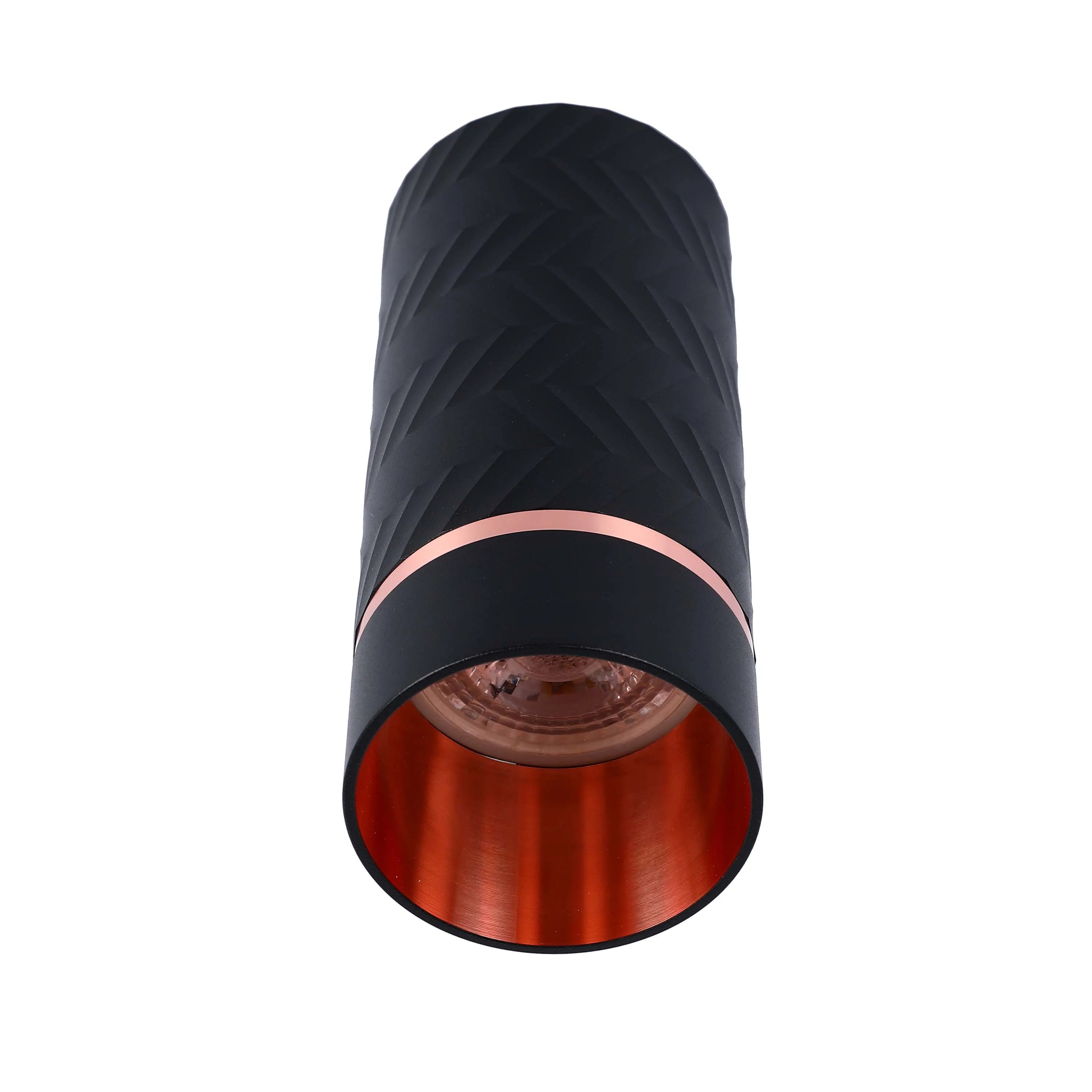 A black and copper cylindrical downlight with a textured surface.