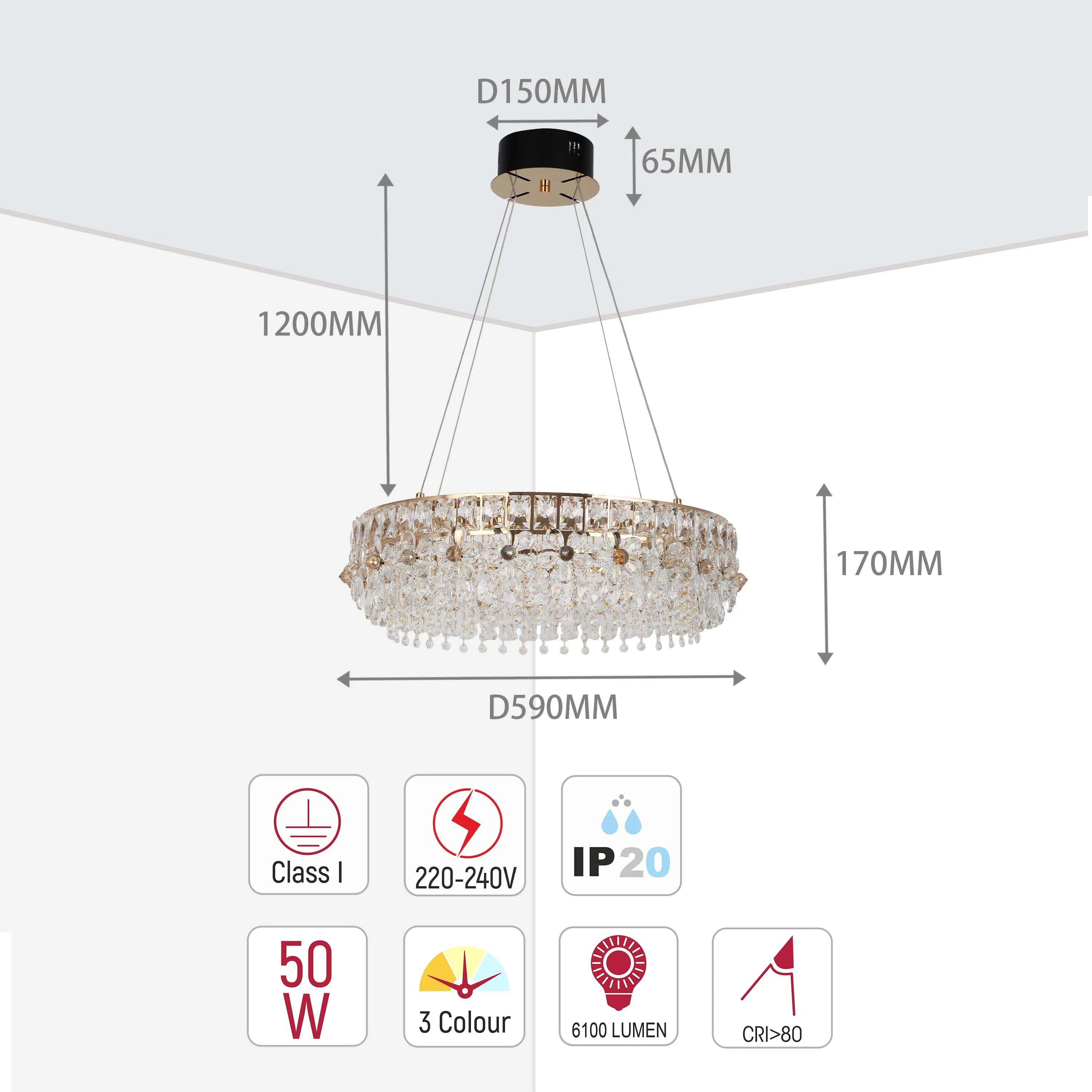 A glamorous chandelier with cascading crystal pendants. Dimensions are displayed for height, diameter, and canopy size.