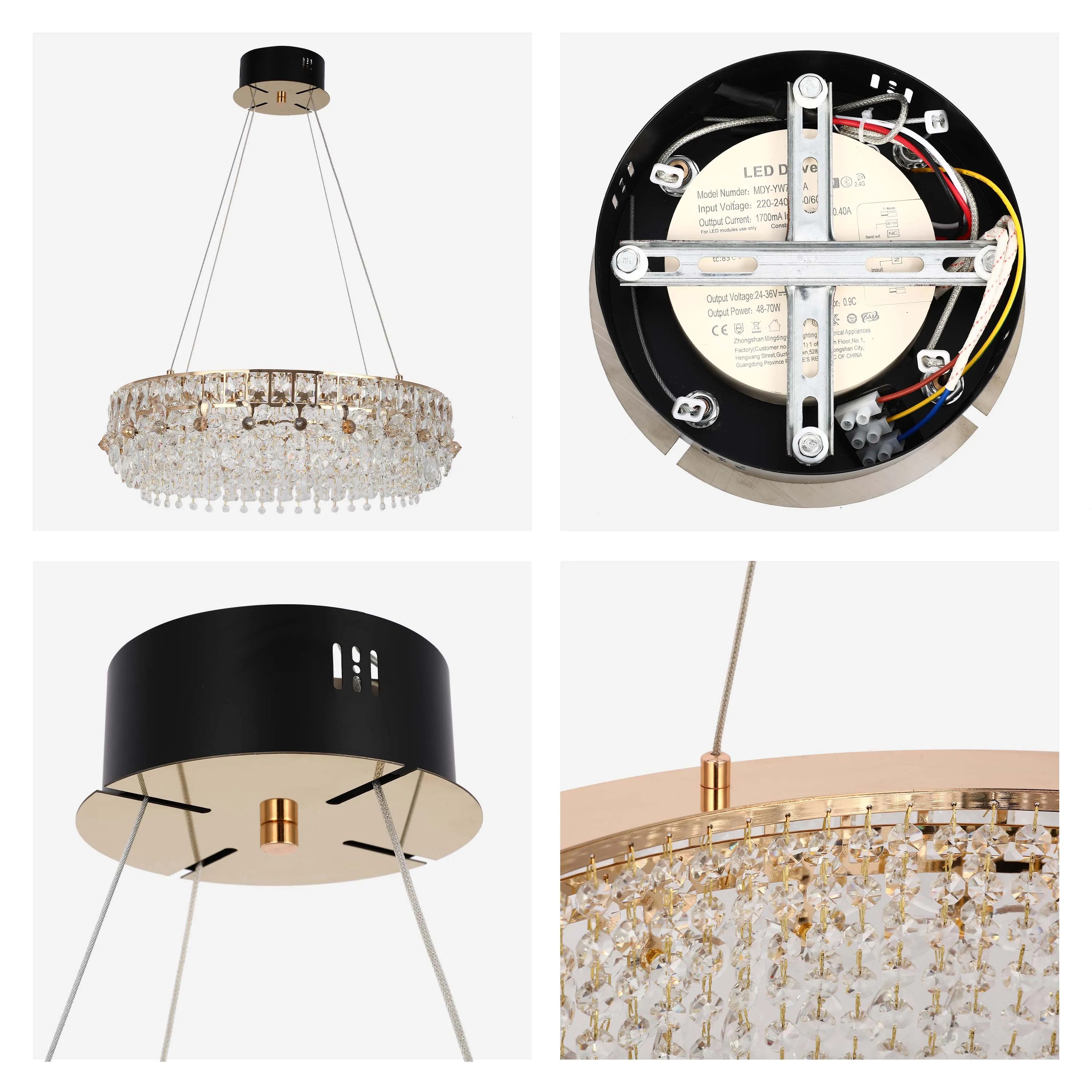 A contemporary crystal chandelier. Its golden round frame is adorned with glass crystals. Black top adds a modern touch.