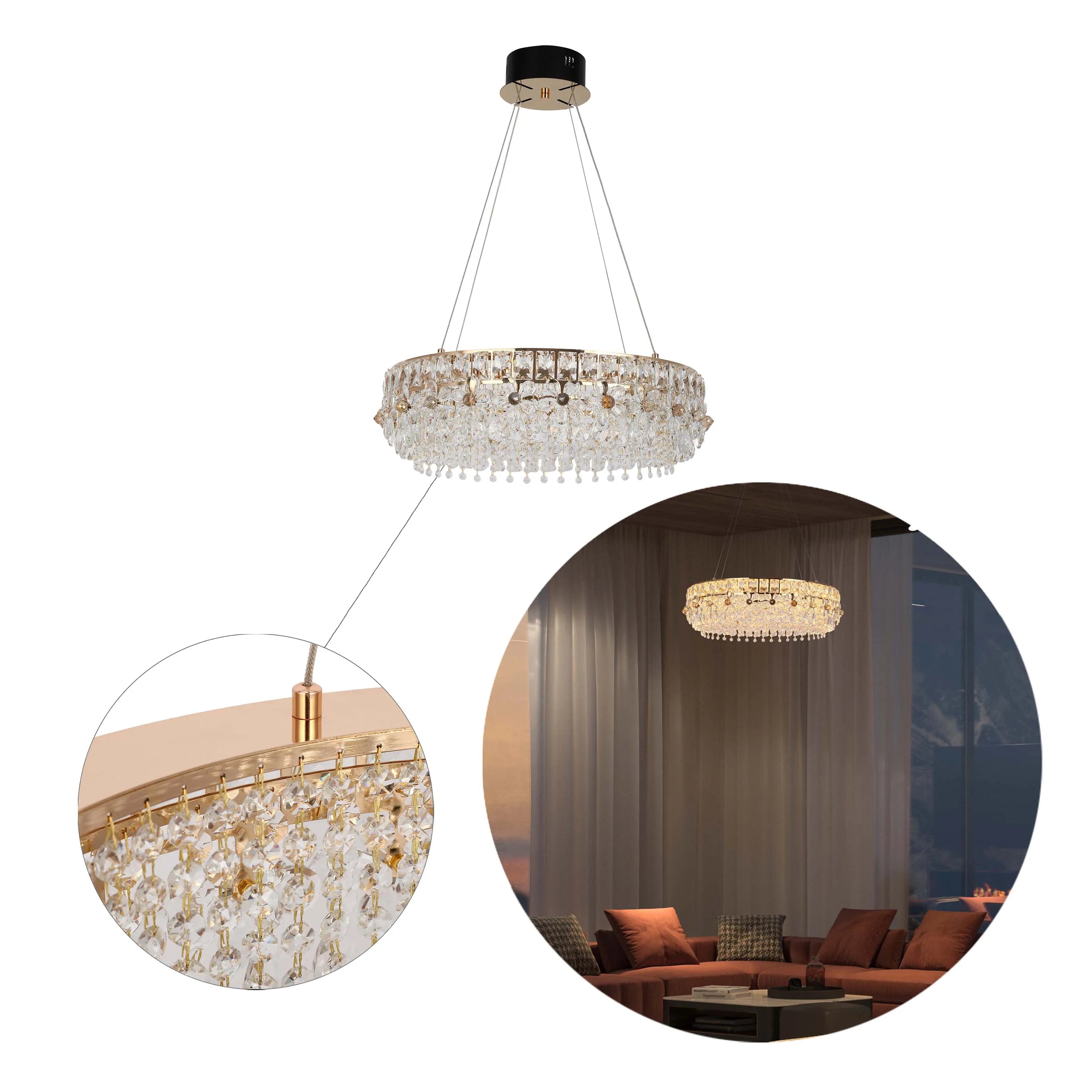 A glamorous chandelier with crystal accents hangs from the ceiling, casting a warm glow in the room.