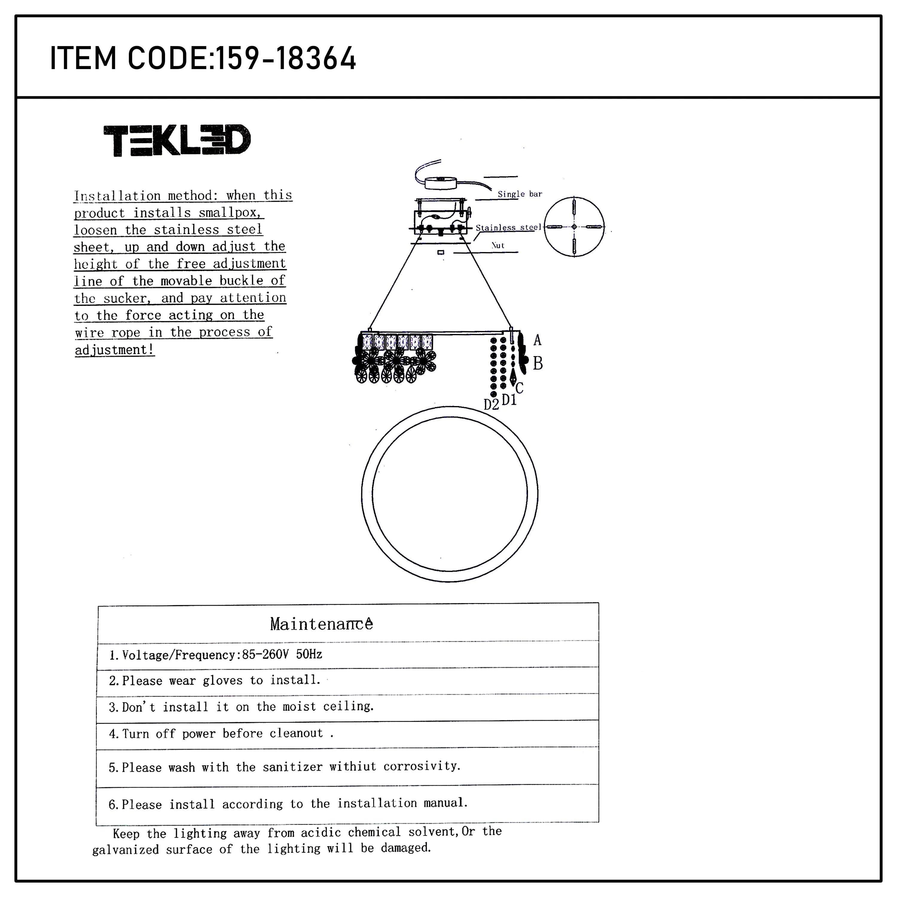 A modern chandelier, featuring multiple crystal pendants arranged in a circular shape, suspended from a stainless steel structure.