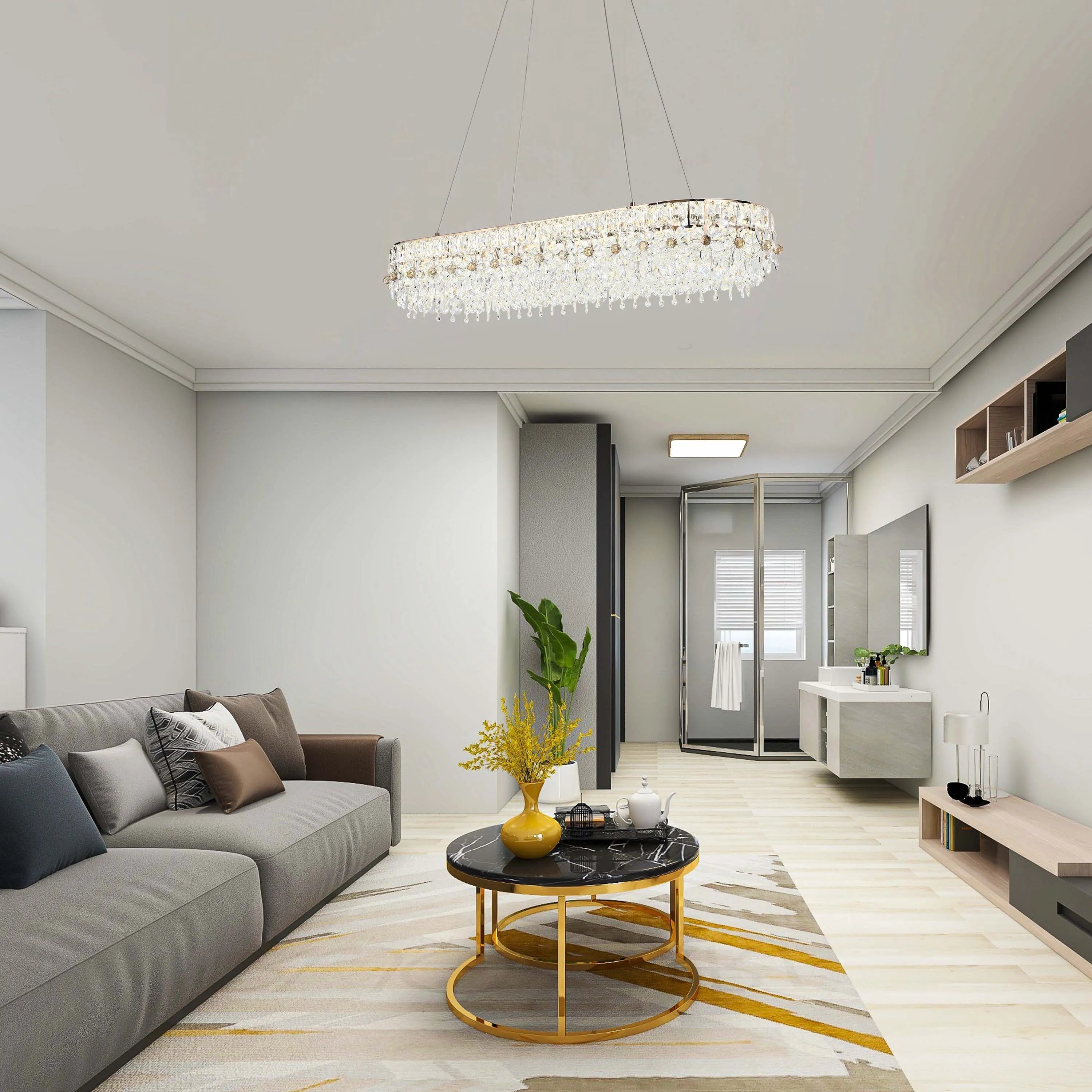 A glamorous crystal chandelier illuminates this living room, offering bright, ambient lighting with a touch of elegance.