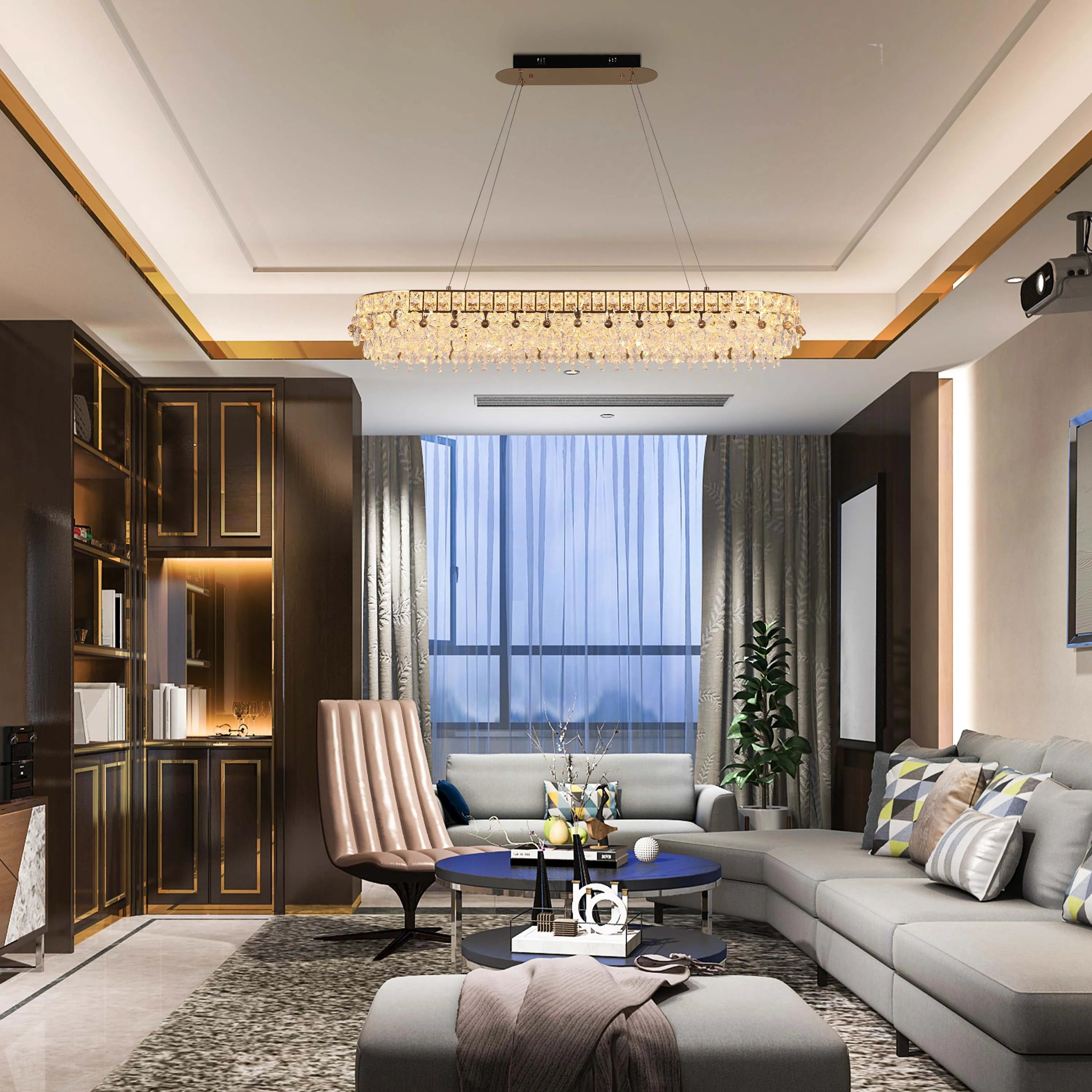 Luxurious living room featuring a crystal chandelier, built-in shelving with accent lighting, and a modern projector.