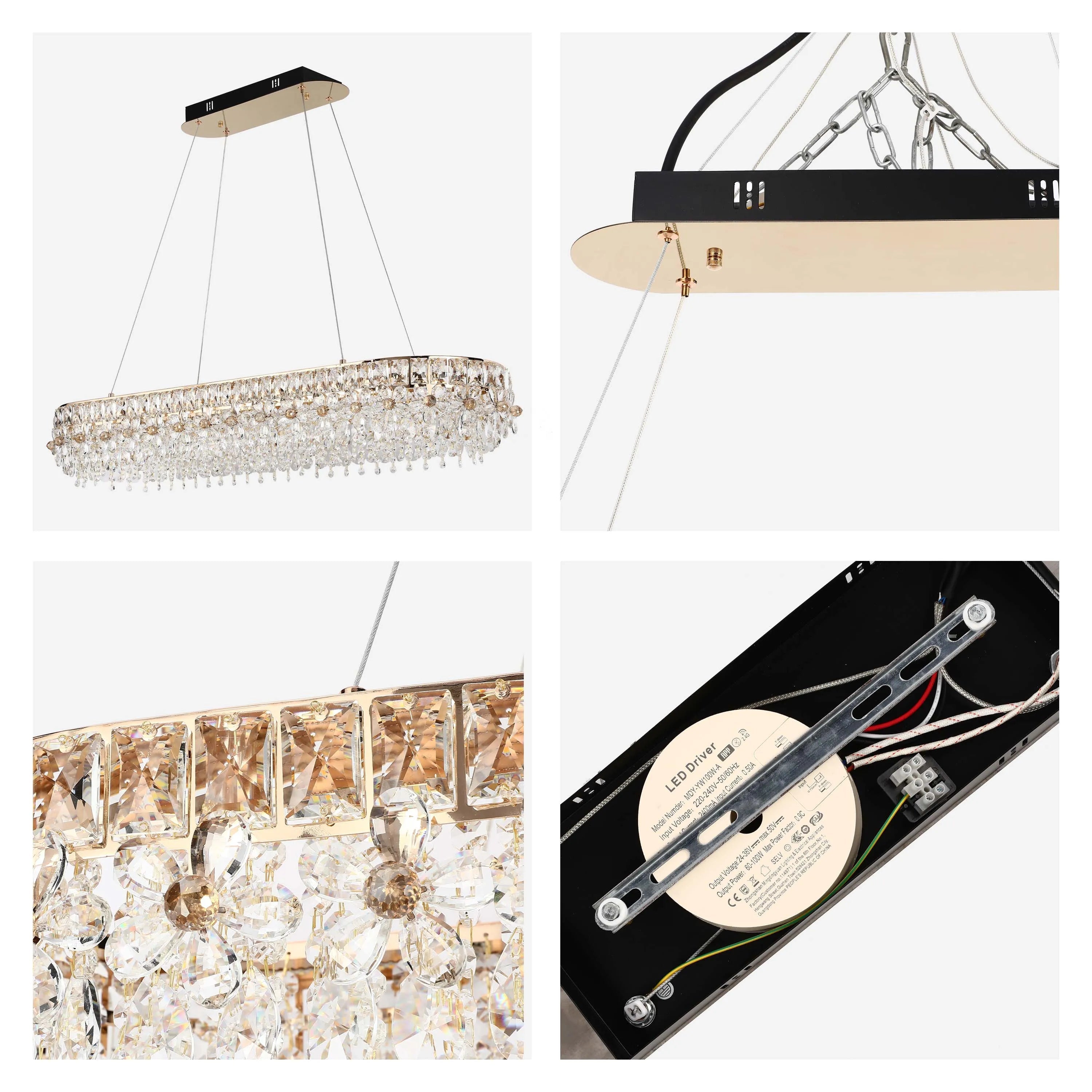 An elegant crystal chandelier with a rectangular shape and a golden frame, suspended from a black ceiling mount.