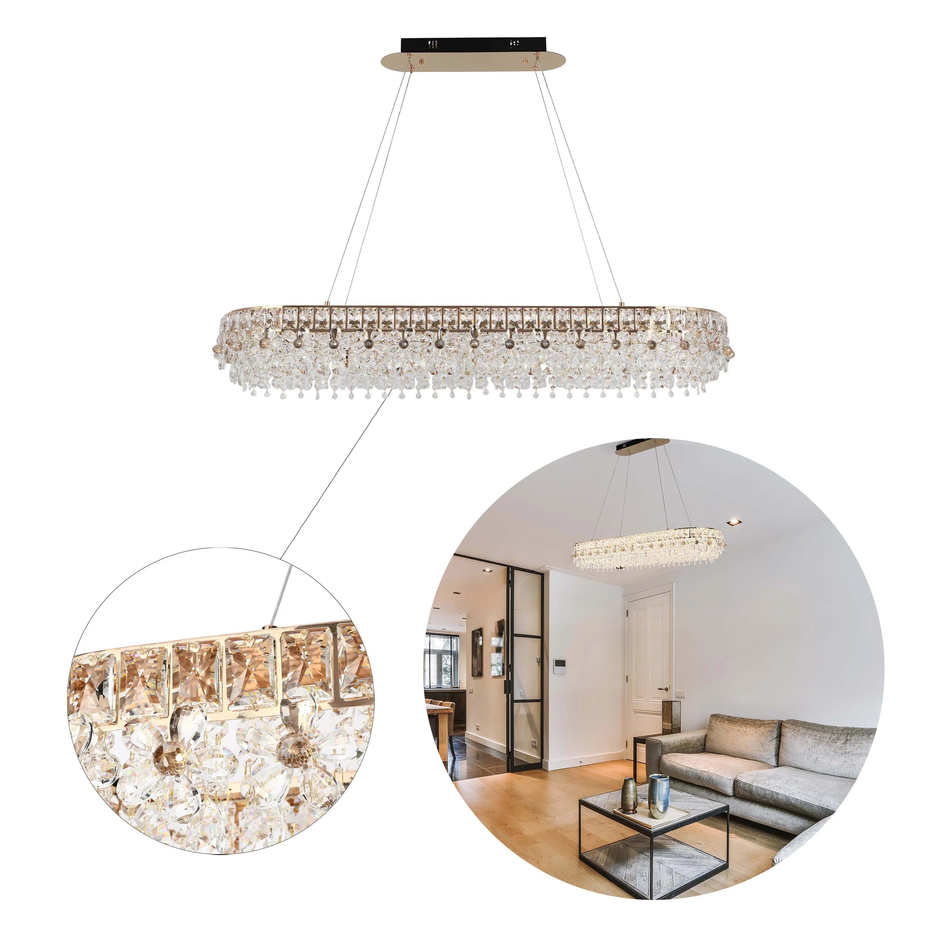 A luxurious, oval crystal chandelier is suspended, illuminating a stylish living space, with a close-up showcasing intricate detailing.