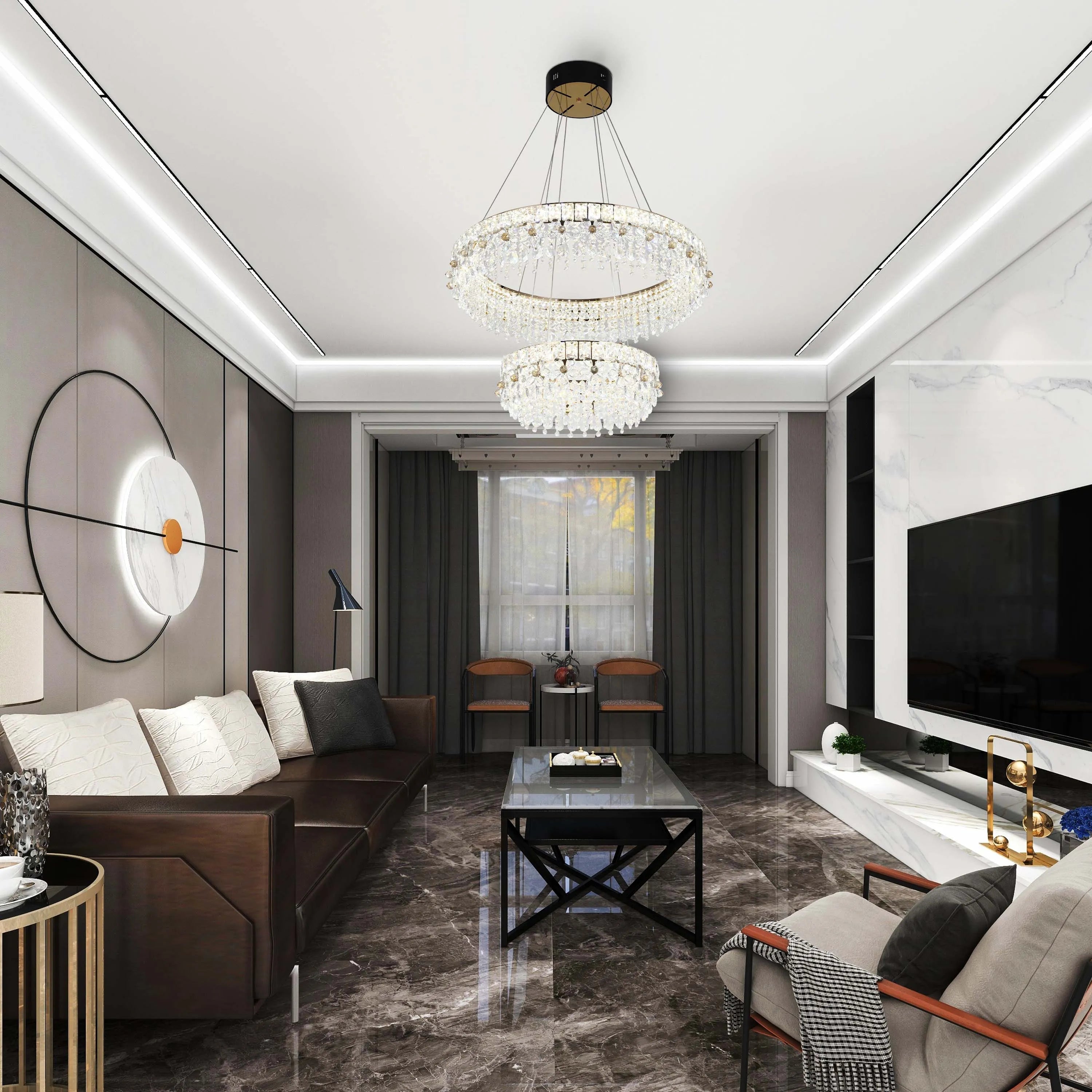 A luxurious living room showcasing a decadent two-tier crystal chandelier, paired with subtle ambient LED strip lighting.