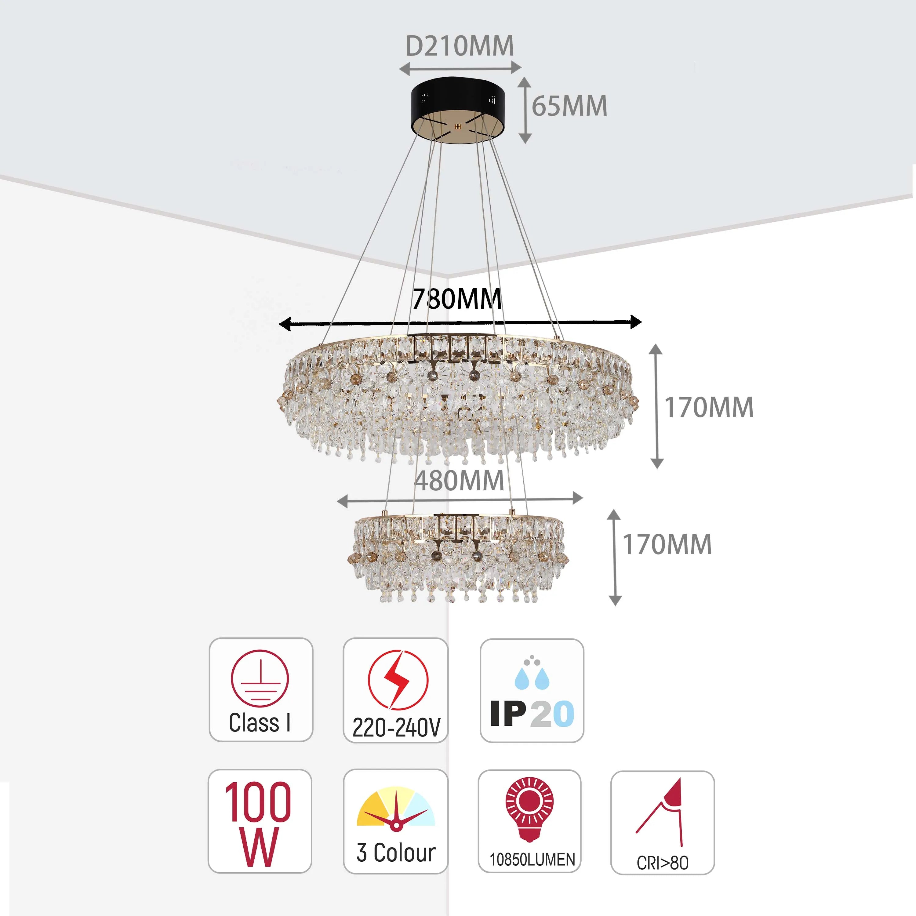 A two-tier crystal chandelier with measurements for diameter and height, plus icons denoting IP20, 100W, and 3-colour.