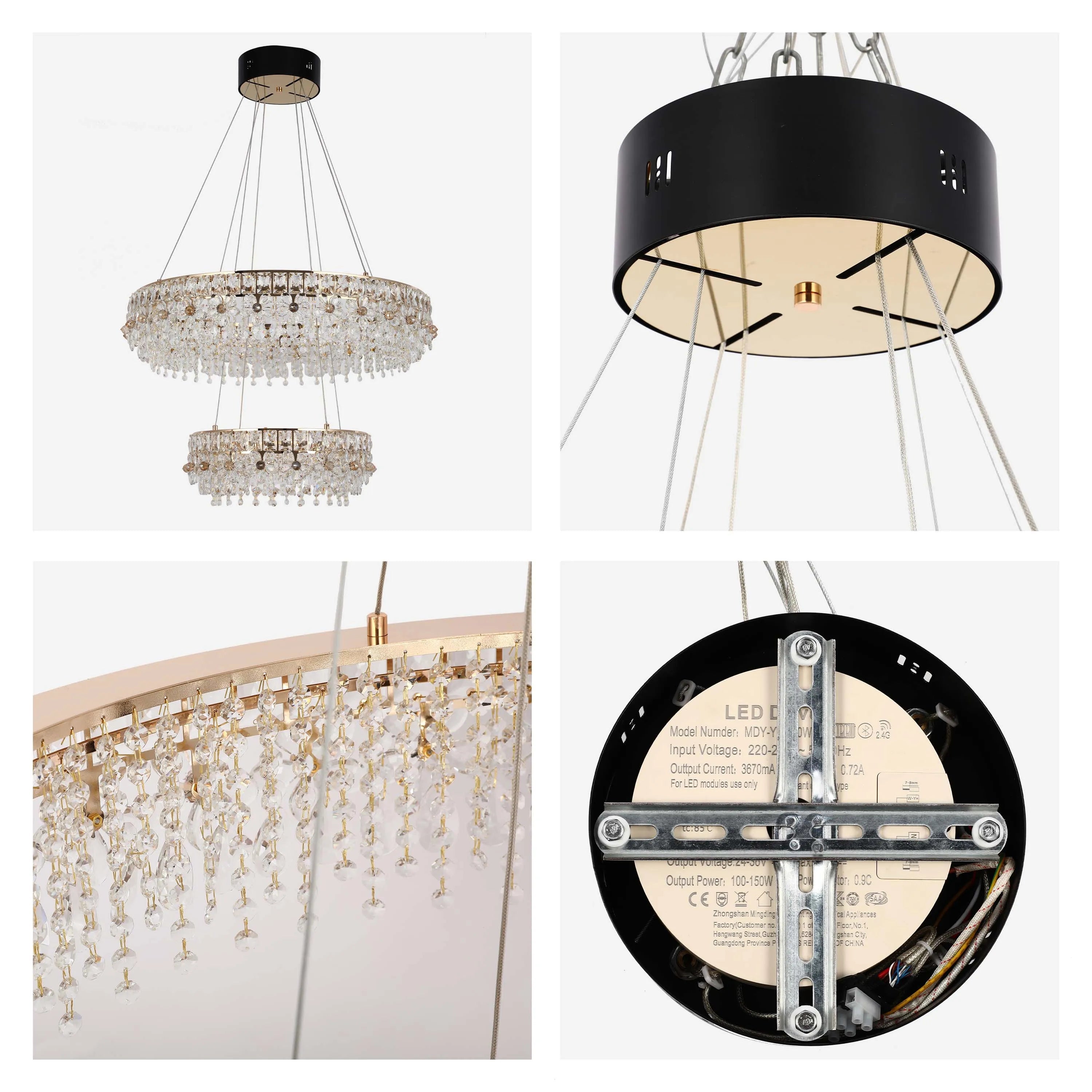 Two-tiered, crystal droplet chandelier, suspended from a black canopy. Modern, luxurious design with a golden frame and radiant sparkle.